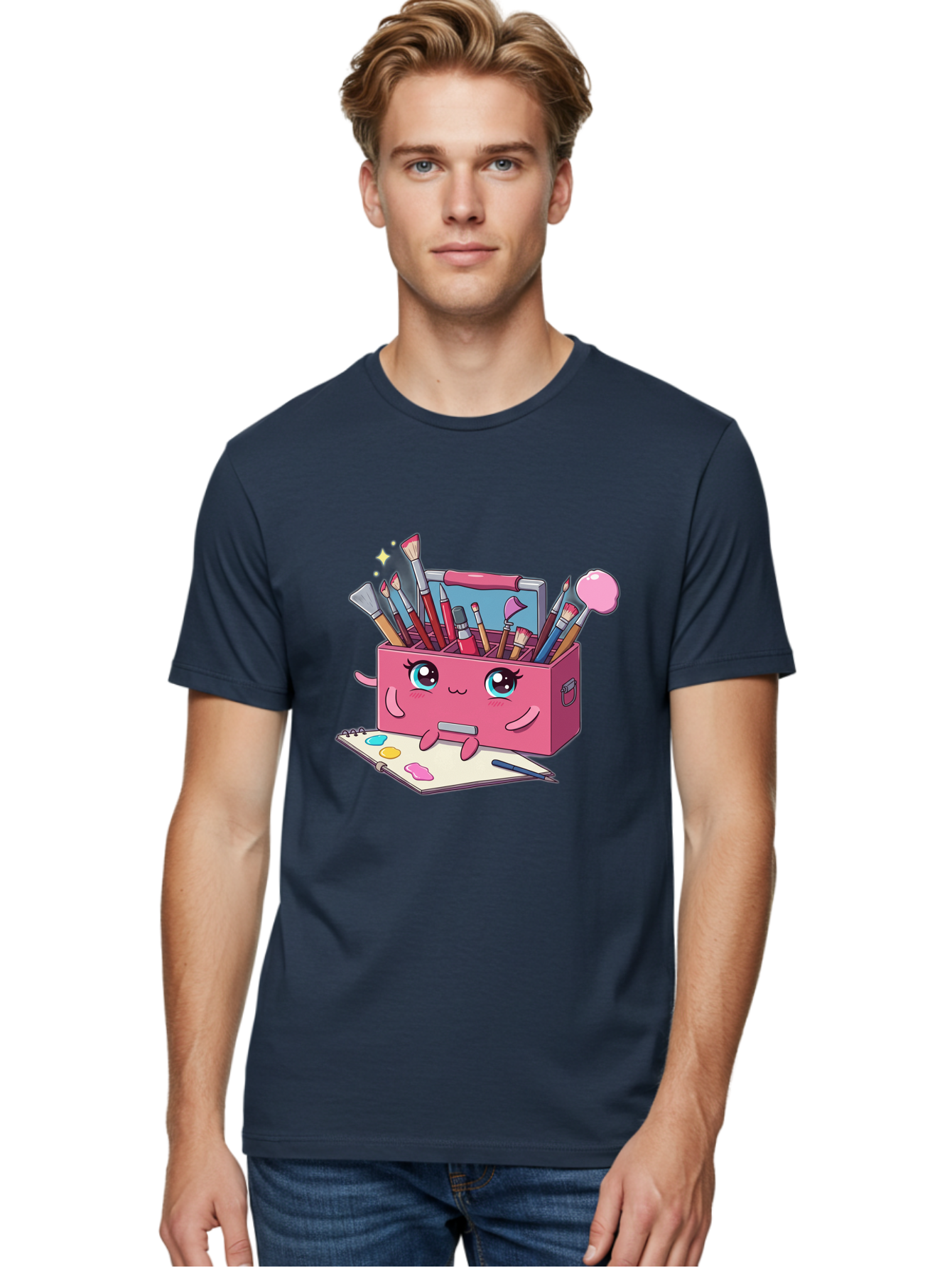 Pink-Art-Supply-Box Men'S Graphic Tee, 100% Cotton, Comfortable Casual Summer Wear, Machine Washable, Cartoon Toolbox, Art Supplies, Paintbrushes, Pencils, Colorful Palette, Creative Expression, Artistic Tools, Kawaii Character, Bad422