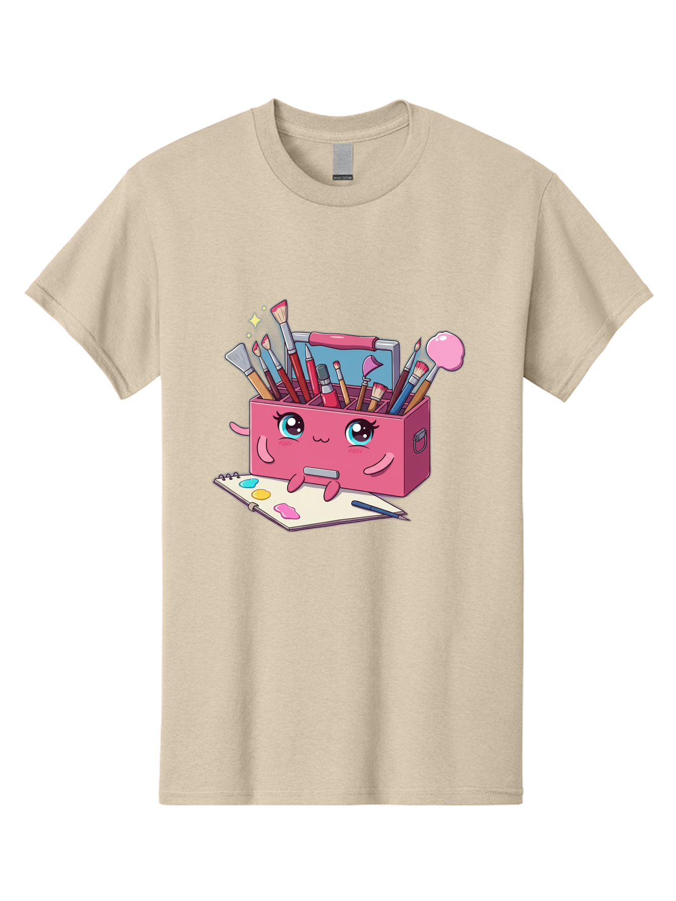 Pink-Art-Supply-Box Men'S Graphic Tee, 100% Cotton, Comfortable Casual Summer Wear, Machine Washable, Cartoon Toolbox, Art Supplies, Paintbrushes, Pencils, Colorful Palette, Creative Expression, Artistic Tools, Kawaii Character, Bad422