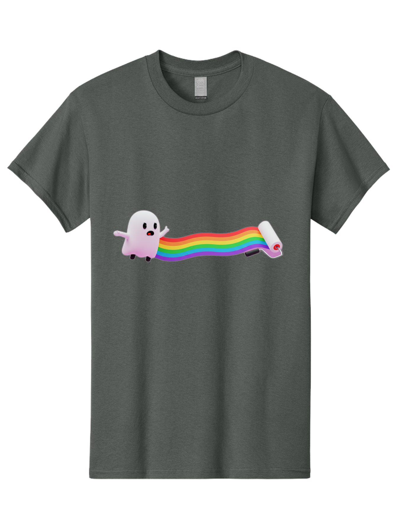 Pink-Blob-Rolling-Tape Men'S Graphic Tee, 100% Cotton, Comfortable Casual Summer Wear, Machine Washable, Cute Ghost, Rainbow Ribbon, Rolled-Up End, Whimsical Design, Playful Scene, Cartoon Style, Colorful Tape, Illustration Art, Bad423