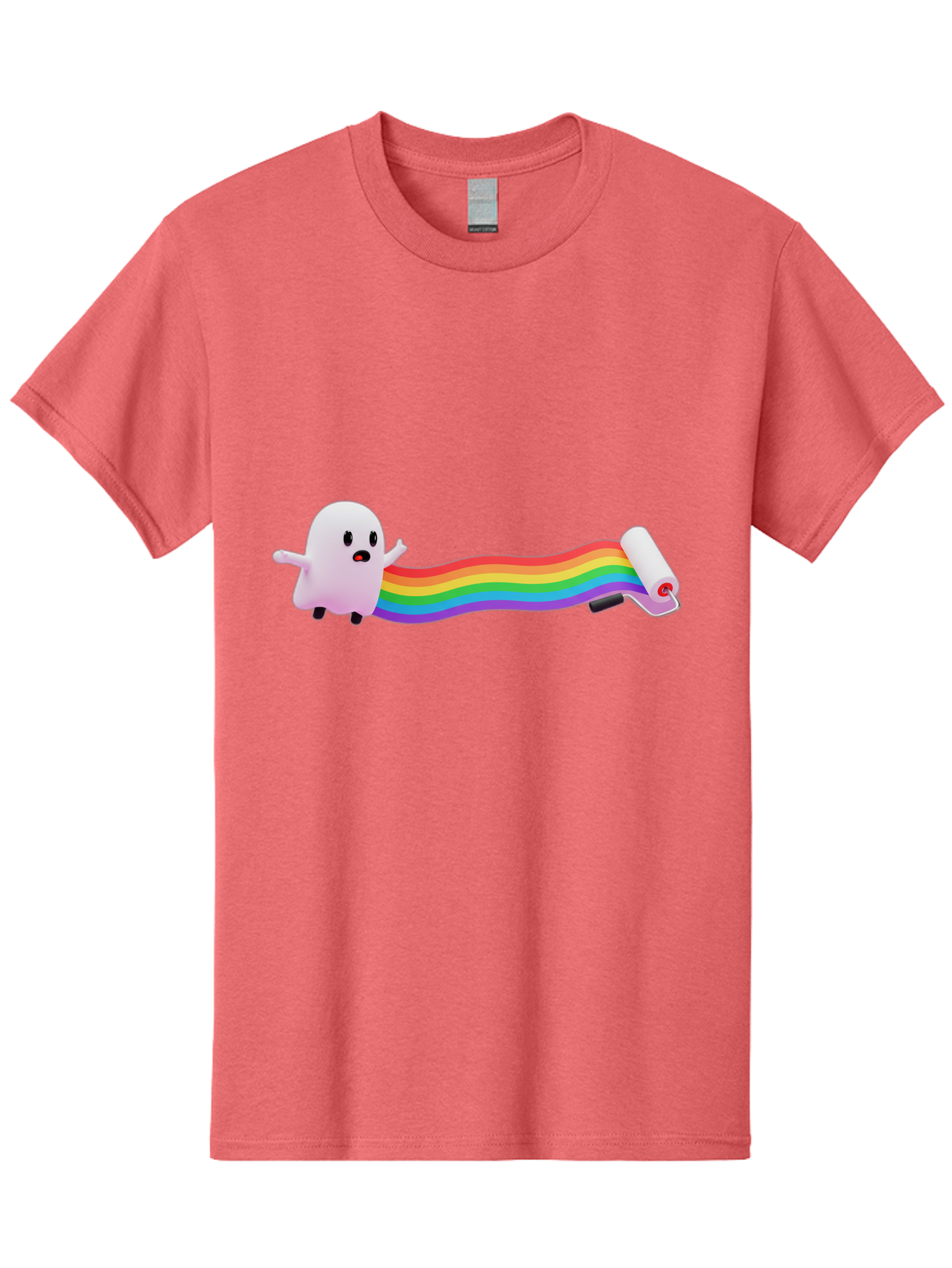 Pink-Blob-Rolling-Tape Men'S Graphic Tee, 100% Cotton, Comfortable Casual Summer Wear, Machine Washable, Cute Ghost, Rainbow Ribbon, Rolled-Up End, Whimsical Design, Playful Scene, Cartoon Style, Colorful Tape, Illustration Art, Bad423