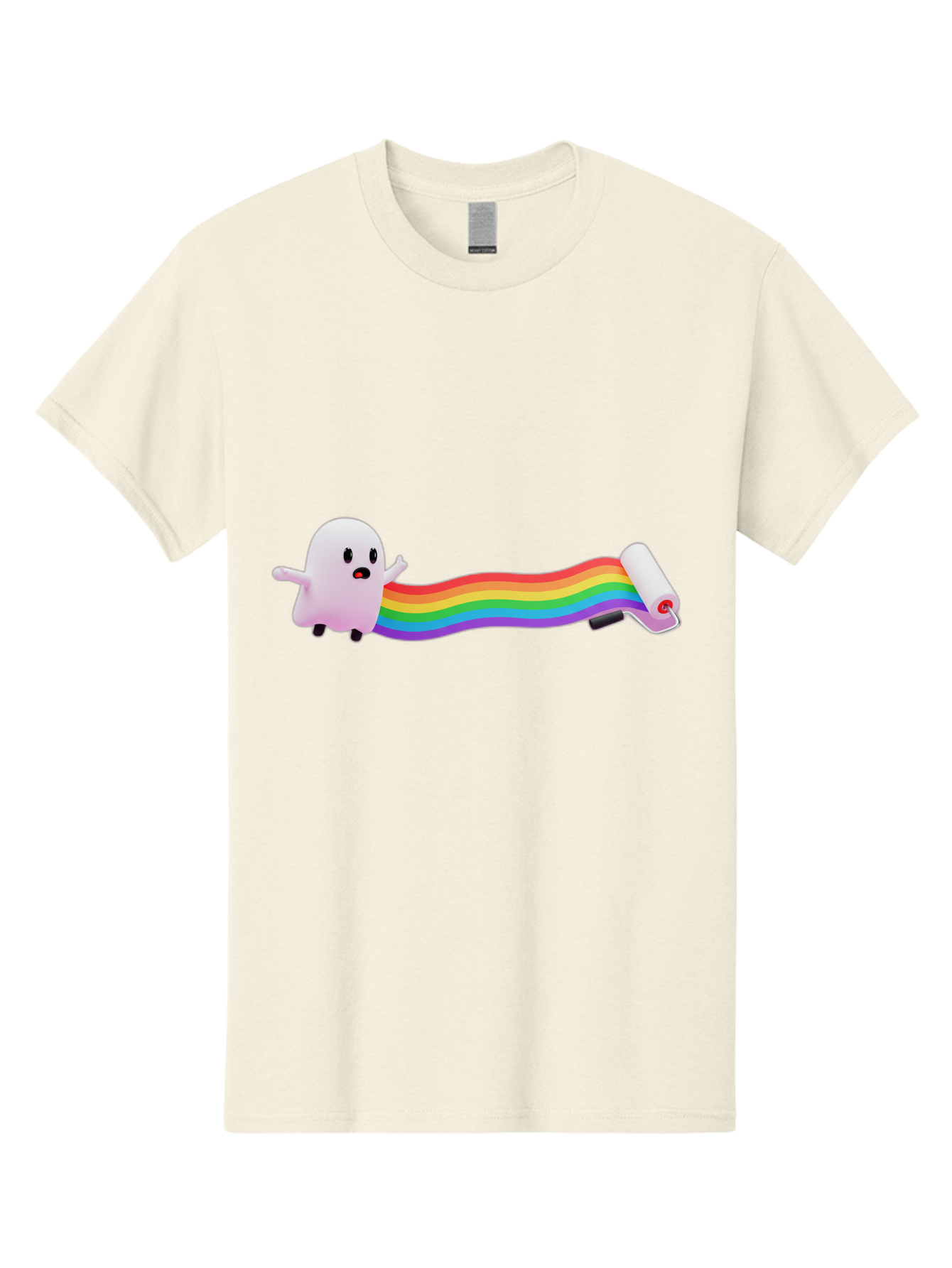 Pink-Blob-Rolling-Tape Men'S Graphic Tee, 100% Cotton, Comfortable Casual Summer Wear, Machine Washable, Cute Ghost, Rainbow Ribbon, Rolled-Up End, Whimsical Design, Playful Scene, Cartoon Style, Colorful Tape, Illustration Art, Bad423