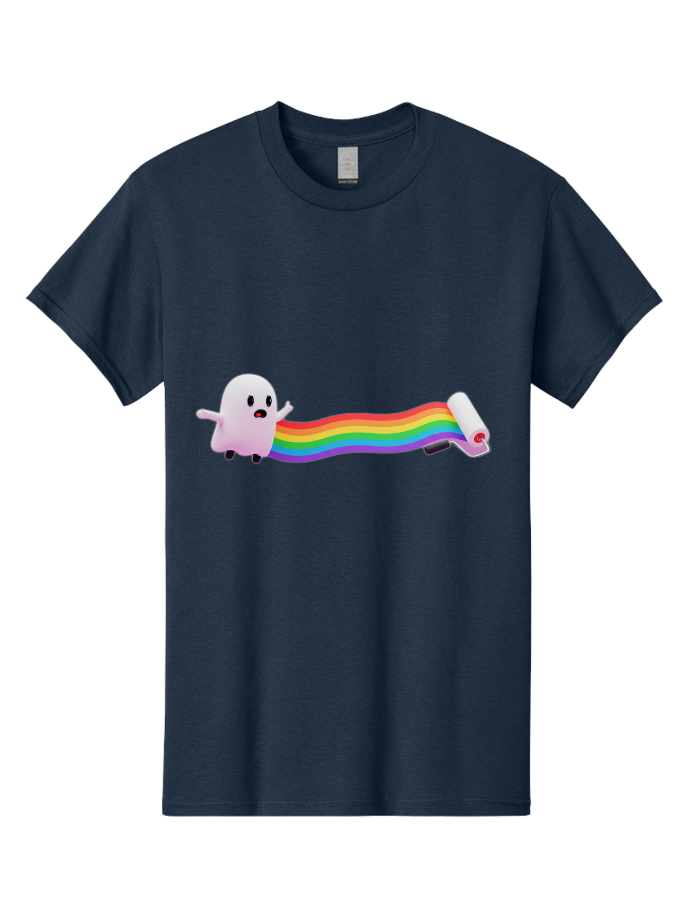 Pink-Blob-Rolling-Tape Men'S Graphic Tee, 100% Cotton, Comfortable Casual Summer Wear, Machine Washable, Cute Ghost, Rainbow Ribbon, Rolled-Up End, Whimsical Design, Playful Scene, Cartoon Style, Colorful Tape, Illustration Art, Bad423