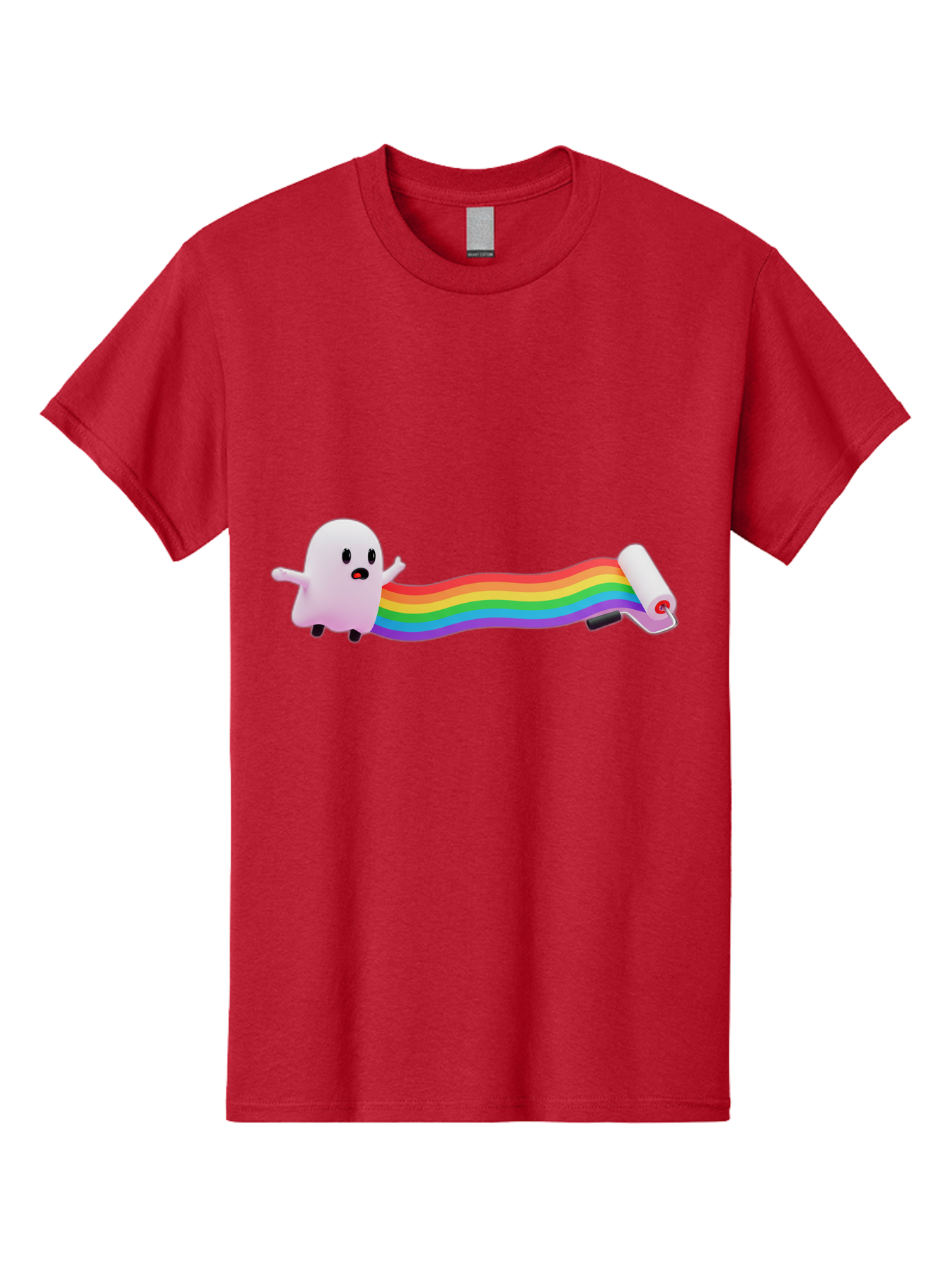 Pink-Blob-Rolling-Tape Men'S Graphic Tee, 100% Cotton, Comfortable Casual Summer Wear, Machine Washable, Cute Ghost, Rainbow Ribbon, Rolled-Up End, Whimsical Design, Playful Scene, Cartoon Style, Colorful Tape, Illustration Art, Bad423