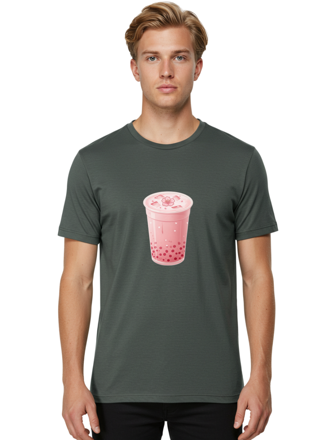 Pink-Boba-Tea-1 Men'S Graphic Tee, 100% Cotton, Comfortable Casual Summer Wear, Machine Washable, Boba Tea, Milk Tea, Bubble Tea, Pink Drink, Tapioca Pearls, Strawberry Tea, Tea With Boba, Boba Drink Bad424