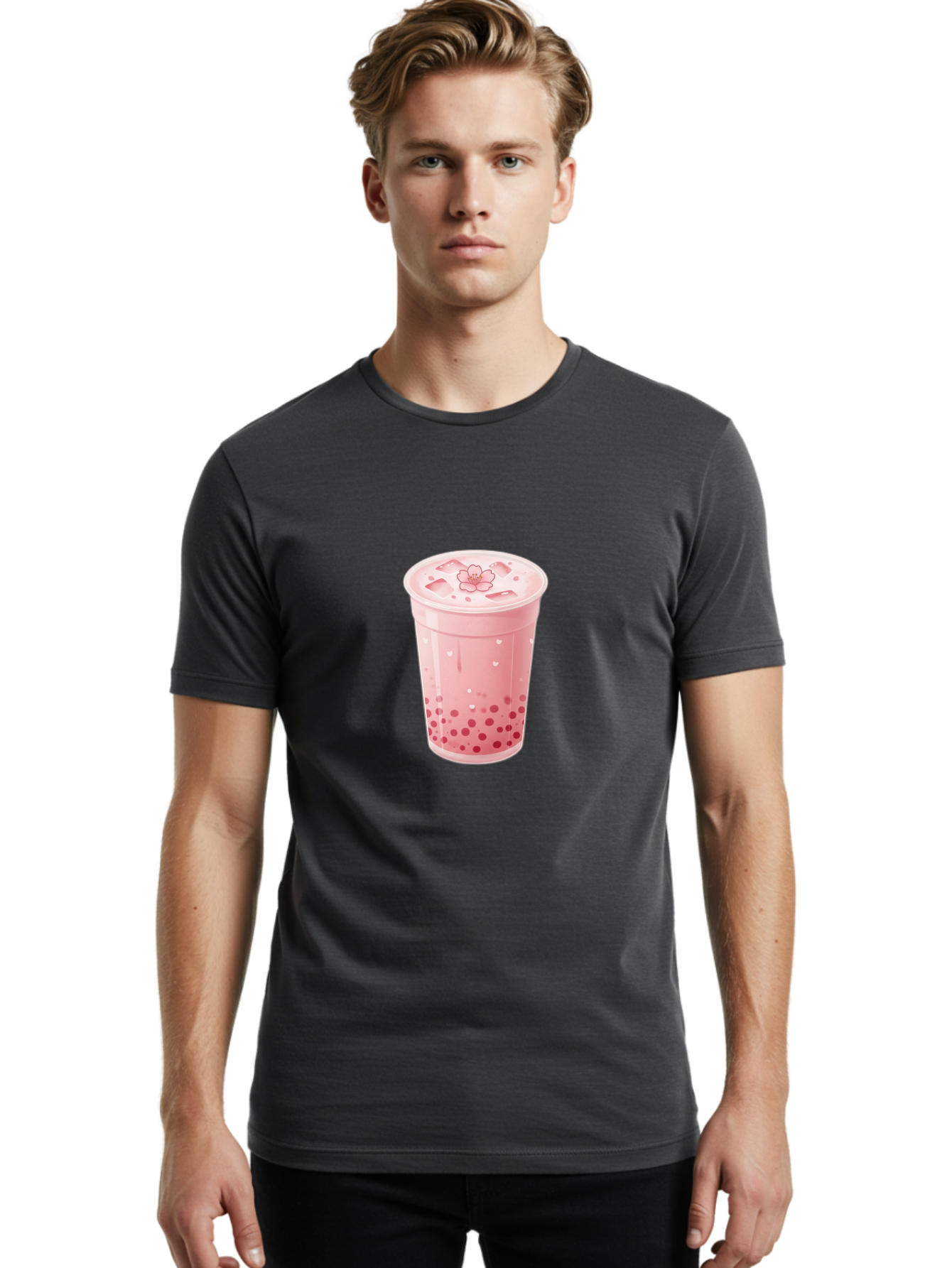 Pink-Boba-Tea-1 Men'S Graphic Tee, 100% Cotton, Comfortable Casual Summer Wear, Machine Washable, Boba Tea, Milk Tea, Bubble Tea, Pink Drink, Tapioca Pearls, Strawberry Tea, Tea With Boba, Boba Drink Bad424