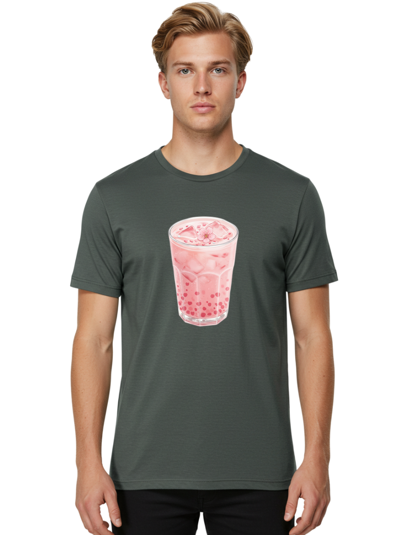 Pink-Boba-Tea Men'S Graphic Tee, 100% Cotton, Comfortable Casual Summer Wear, Machine Washable, Pink Boba, Boba Tea, Milk Tea, Iced Drink, Refreshing Beverage, Boba Bubbles, Sweet Treat, Floral Ice Cube, Chilled Drink Bad425
