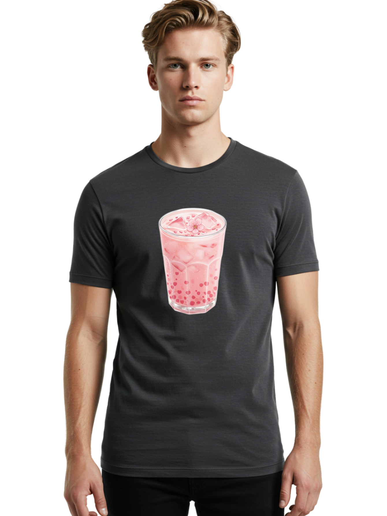 Pink-Boba-Tea Men'S Graphic Tee, 100% Cotton, Comfortable Casual Summer Wear, Machine Washable, Pink Boba, Boba Tea, Milk Tea, Iced Drink, Refreshing Beverage, Boba Bubbles, Sweet Treat, Floral Ice Cube, Chilled Drink Bad425