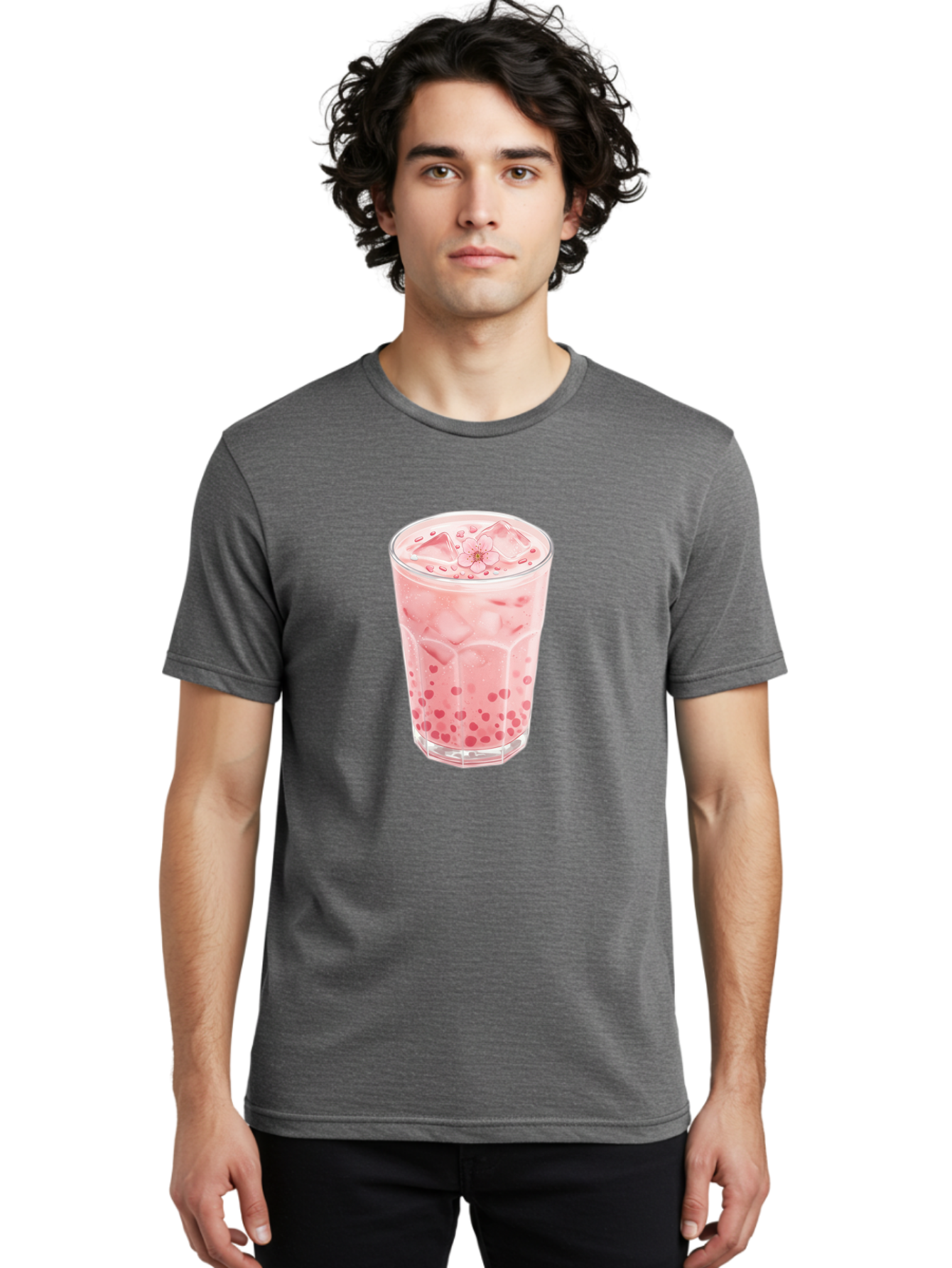 Pink-Boba-Tea Men'S Graphic Tee, 100% Cotton, Comfortable Casual Summer Wear, Machine Washable, Pink Boba, Boba Tea, Milk Tea, Iced Drink, Refreshing Beverage, Boba Bubbles, Sweet Treat, Floral Ice Cube, Chilled Drink Bad425