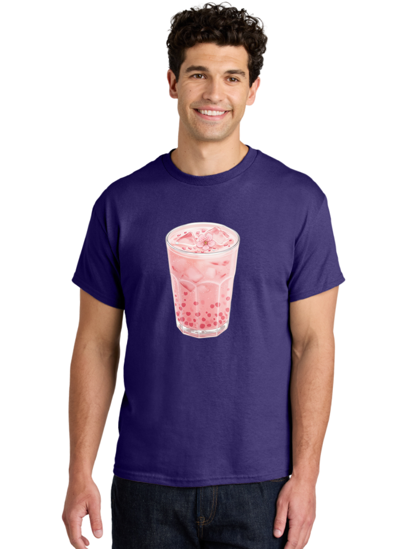 Pink-Boba-Tea Men'S Graphic Tee, 100% Cotton, Comfortable Casual Summer Wear, Machine Washable, Pink Boba, Boba Tea, Milk Tea, Iced Drink, Refreshing Beverage, Boba Bubbles, Sweet Treat, Floral Ice Cube, Chilled Drink Bad425