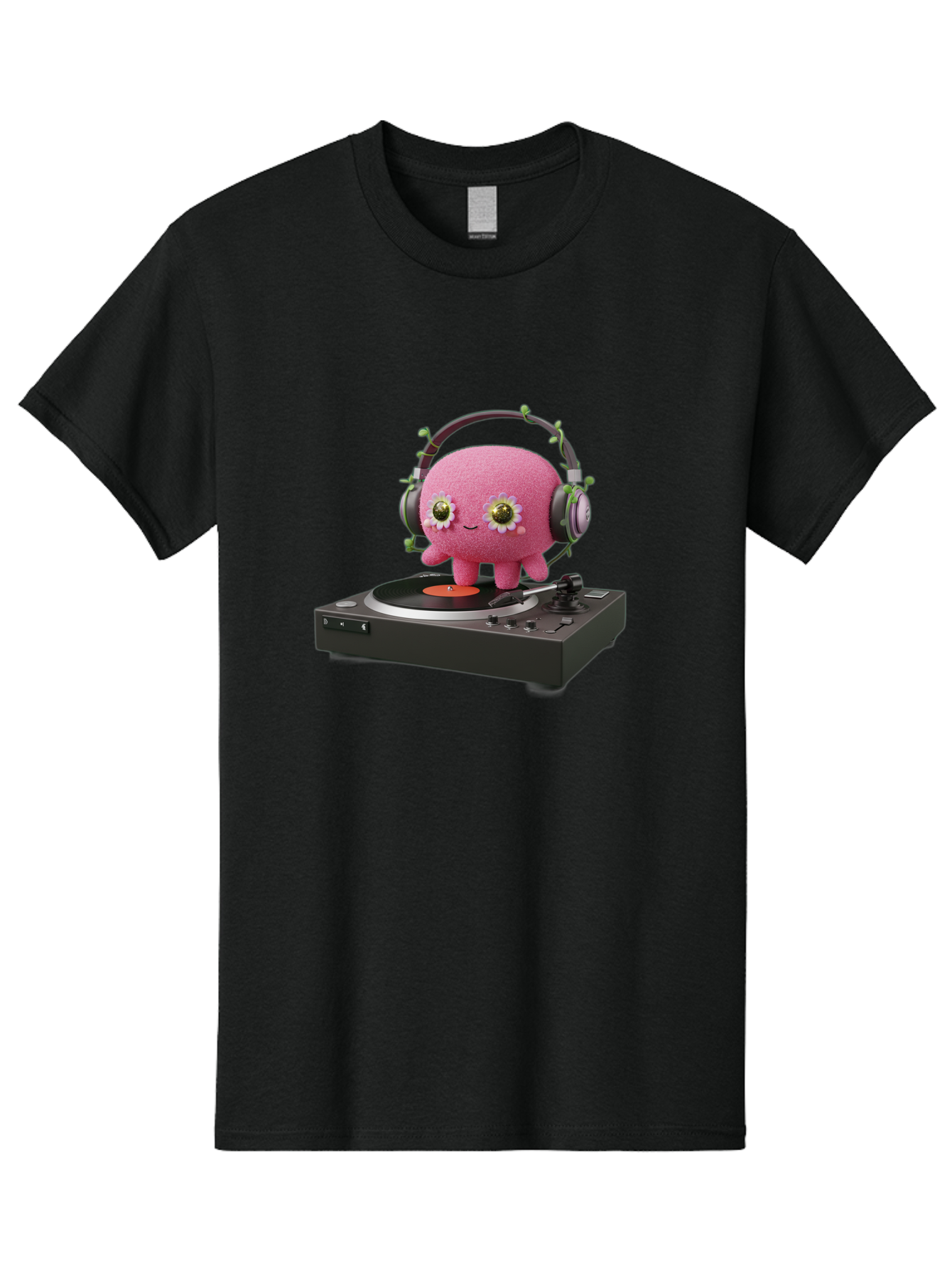 Pink-Creature-On-Record-Player Men'S Graphic Tee, 100% Cotton, Comfortable Casual Summer Wear, Machine Washable, Pink Blob, Vinyl Turntable, Retro Music Player, Headphones, Disco Vibes, Fun Music, Quirky, Retro Aesthetic, Vinyl Records, Bad427