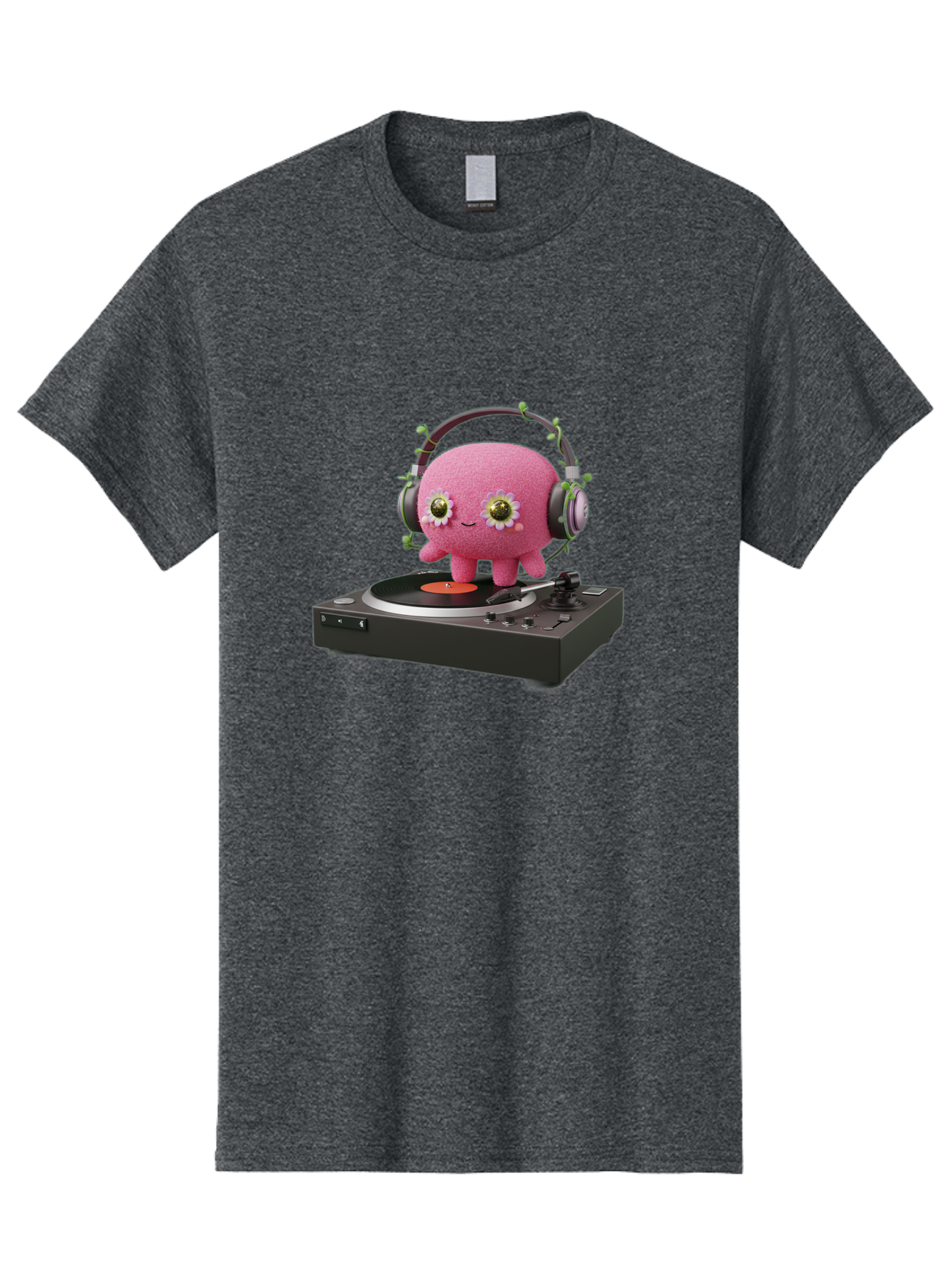 Pink-Creature-On-Record-Player Men'S Graphic Tee, 100% Cotton, Comfortable Casual Summer Wear, Machine Washable, Pink Blob, Vinyl Turntable, Retro Music Player, Headphones, Disco Vibes, Fun Music, Quirky, Retro Aesthetic, Vinyl Records, Bad427