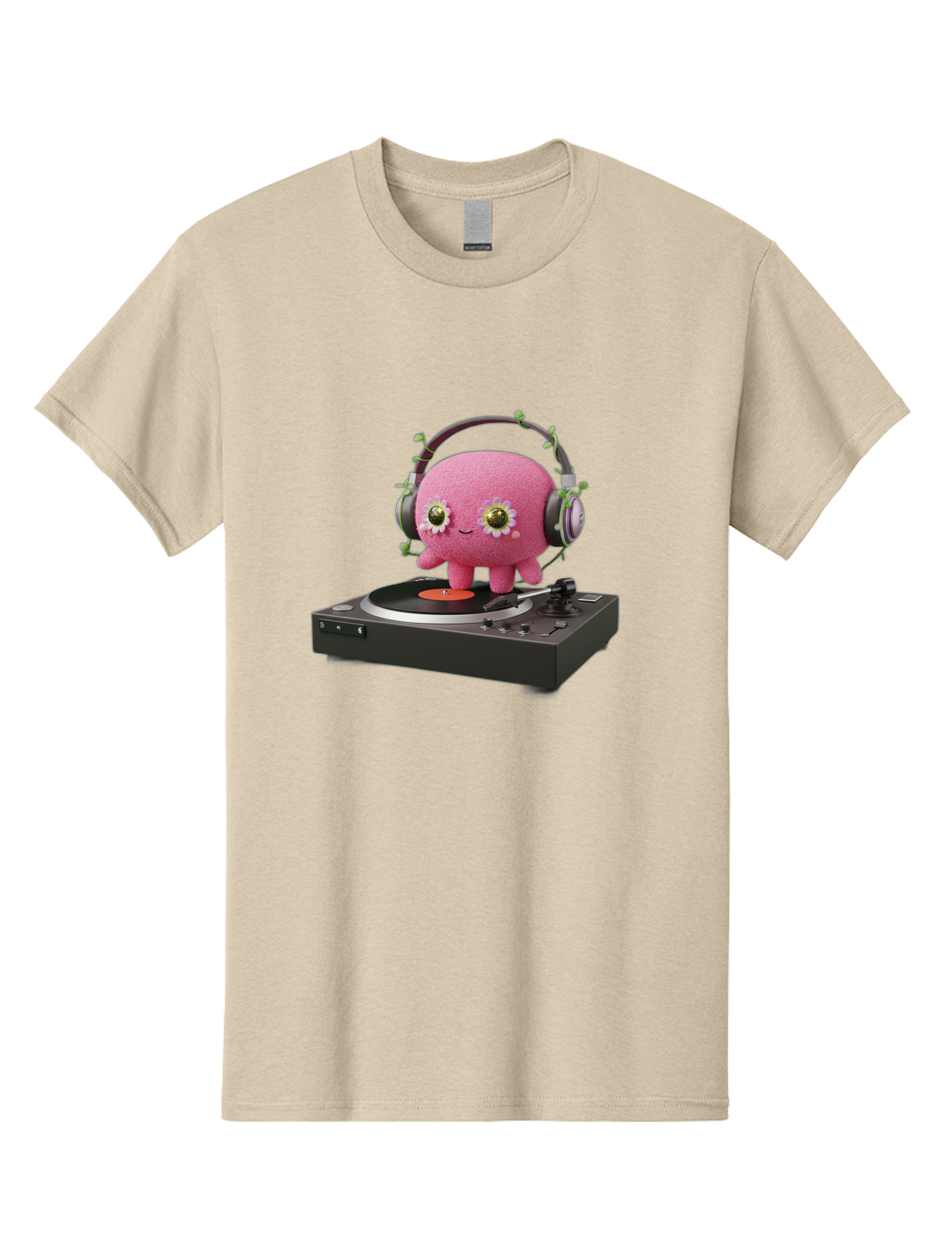 Pink-Creature-On-Record-Player Men'S Graphic Tee, 100% Cotton, Comfortable Casual Summer Wear, Machine Washable, Pink Blob, Vinyl Turntable, Retro Music Player, Headphones, Disco Vibes, Fun Music, Quirky, Retro Aesthetic, Vinyl Records, Bad427