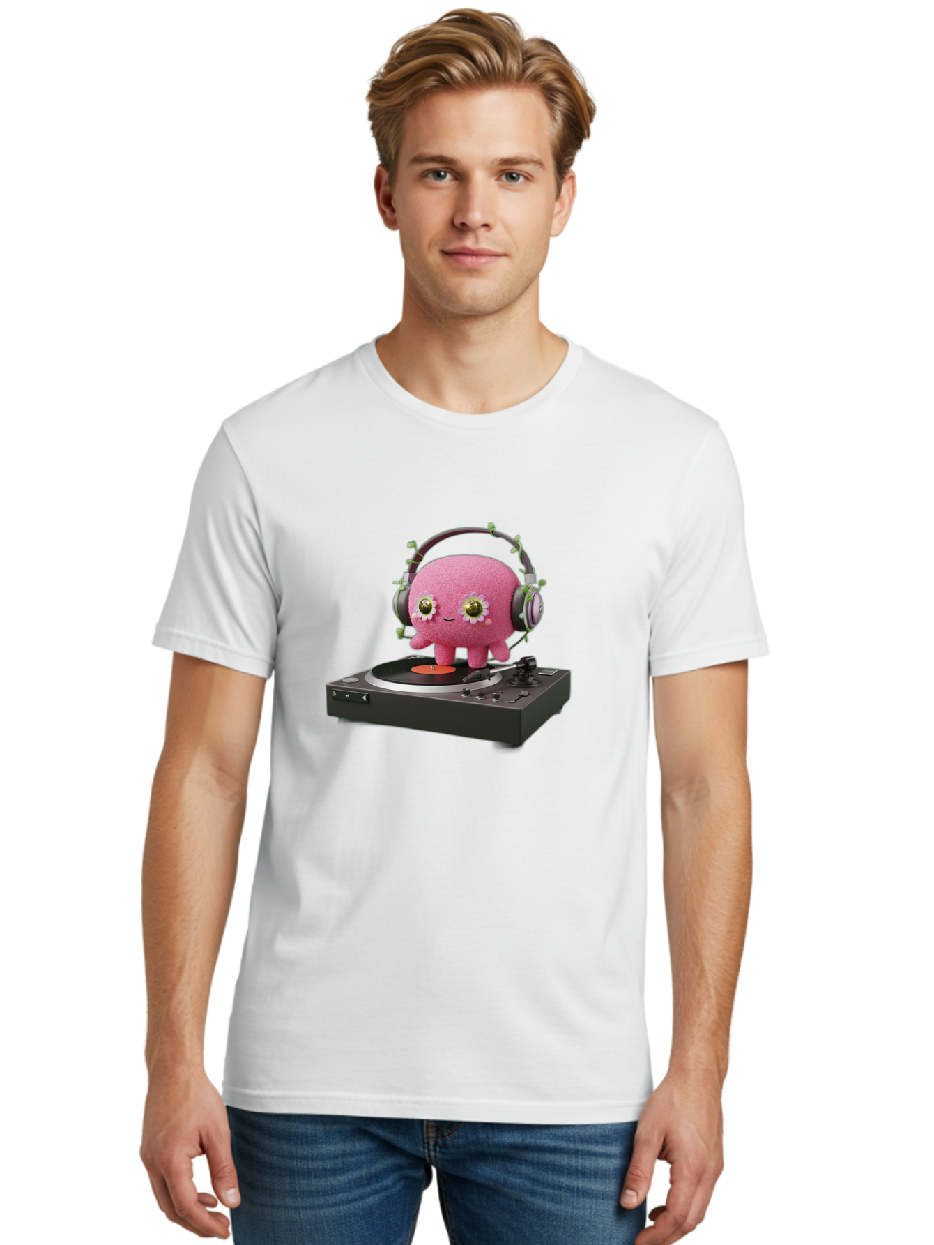Pink-Creature-On-Record-Player Men'S Graphic Tee, 100% Cotton, Comfortable Casual Summer Wear, Machine Washable, Pink Blob, Vinyl Turntable, Retro Music Player, Headphones, Disco Vibes, Fun Music, Quirky, Retro Aesthetic, Vinyl Records, Bad427
