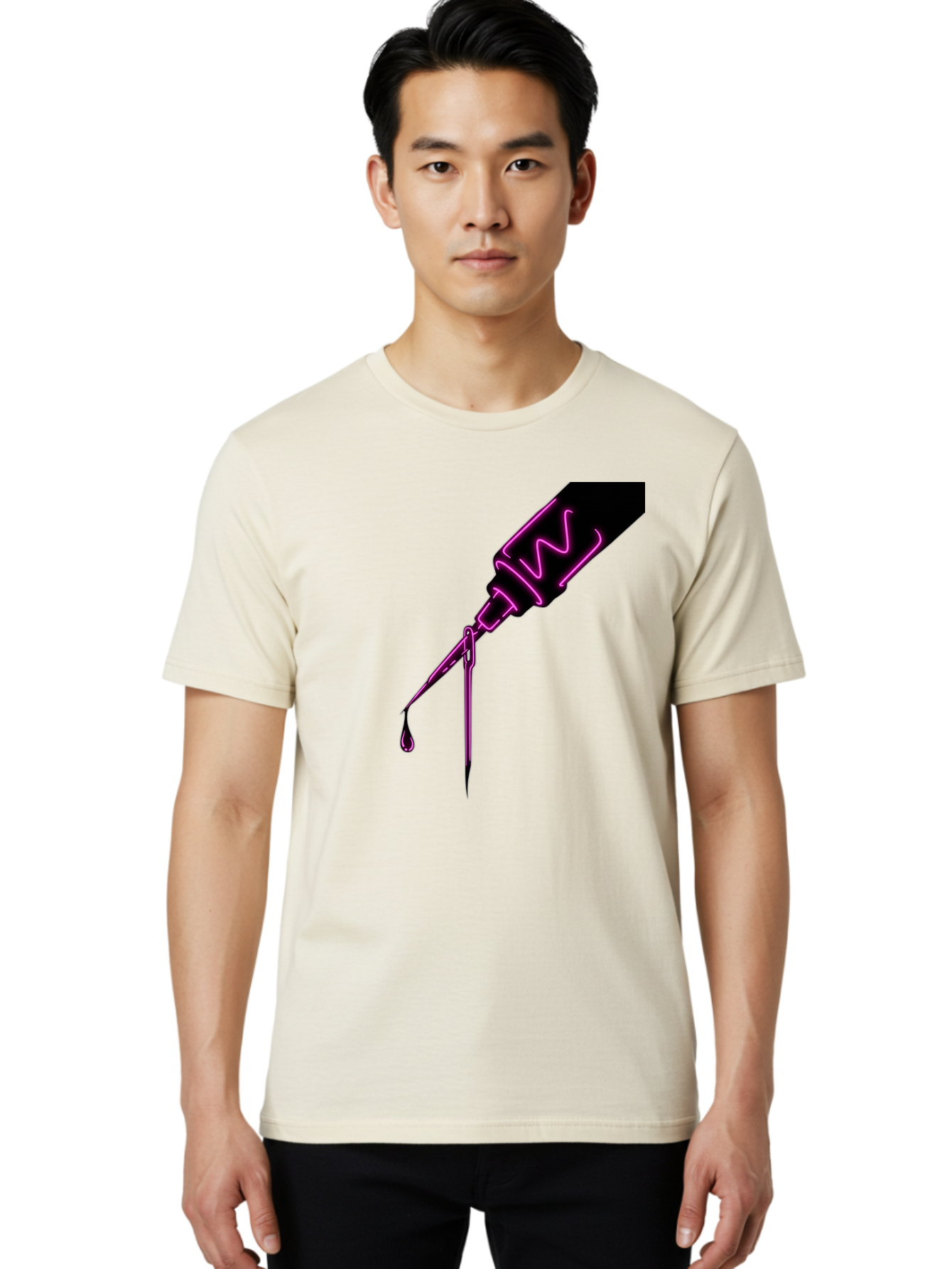 Pink-Dropper Men'S Graphic Tee, 100% Cotton, Comfortable Casual Summer Wear, Machine Washable, Pink Neon Dropper Bottle, Glowing Liquid, Medical Bottle, Pink Glow, Single Drop, Neon Lights, Modern Design, Futuristic Style Bad428