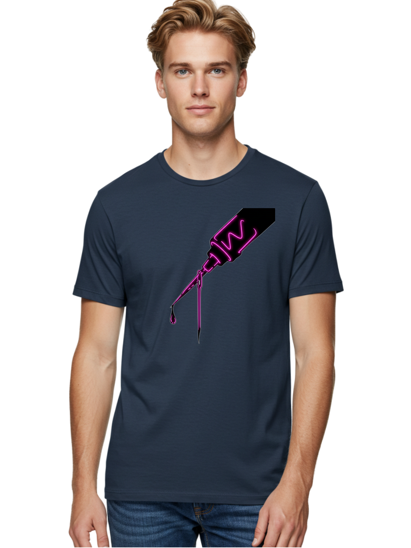 Pink-Dropper Men'S Graphic Tee, 100% Cotton, Comfortable Casual Summer Wear, Machine Washable, Pink Neon Dropper Bottle, Glowing Liquid, Medical Bottle, Pink Glow, Single Drop, Neon Lights, Modern Design, Futuristic Style Bad428