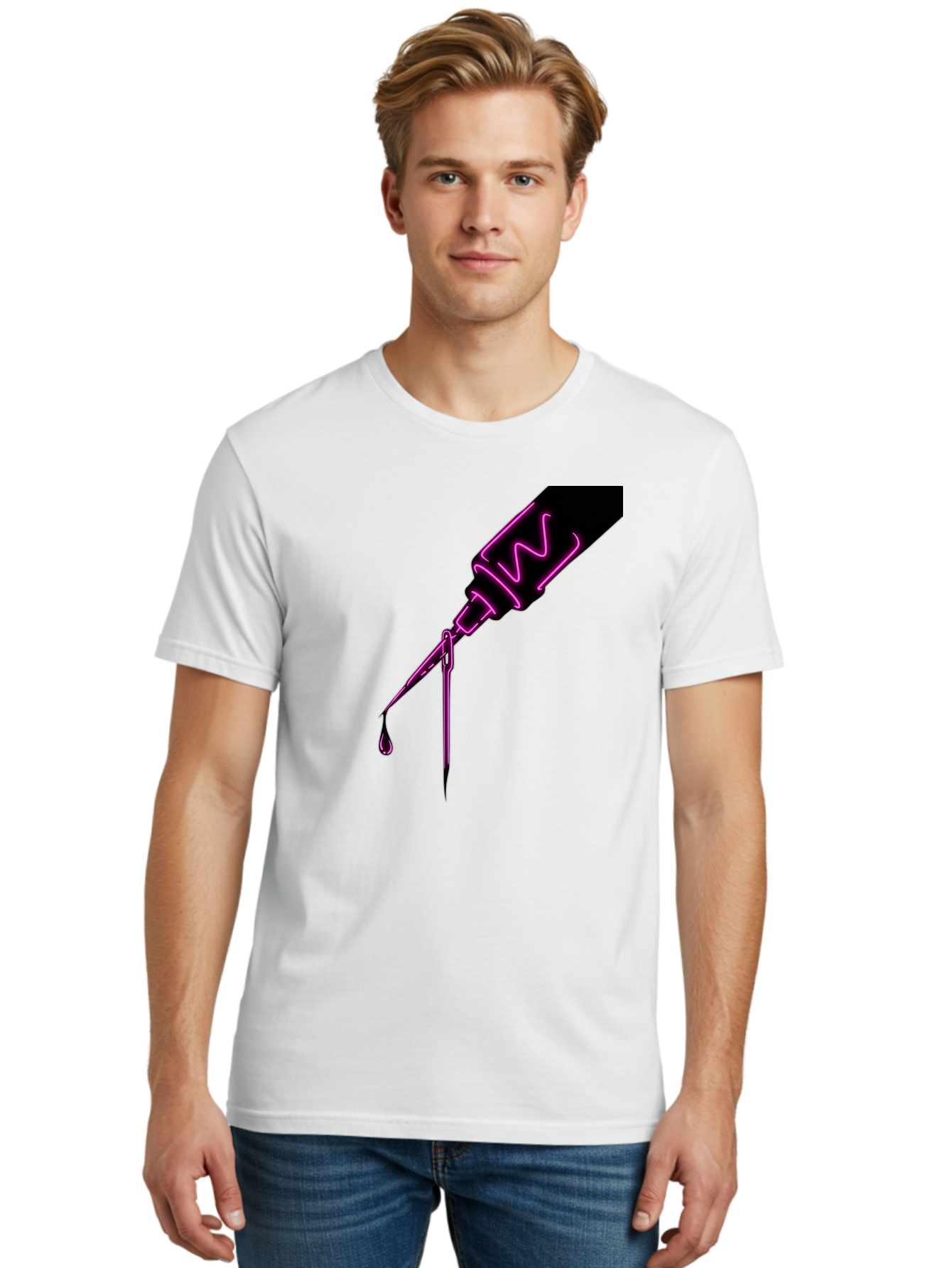 Pink-Dropper Men'S Graphic Tee, 100% Cotton, Comfortable Casual Summer Wear, Machine Washable, Pink Neon Dropper Bottle, Glowing Liquid, Medical Bottle, Pink Glow, Single Drop, Neon Lights, Modern Design, Futuristic Style Bad428