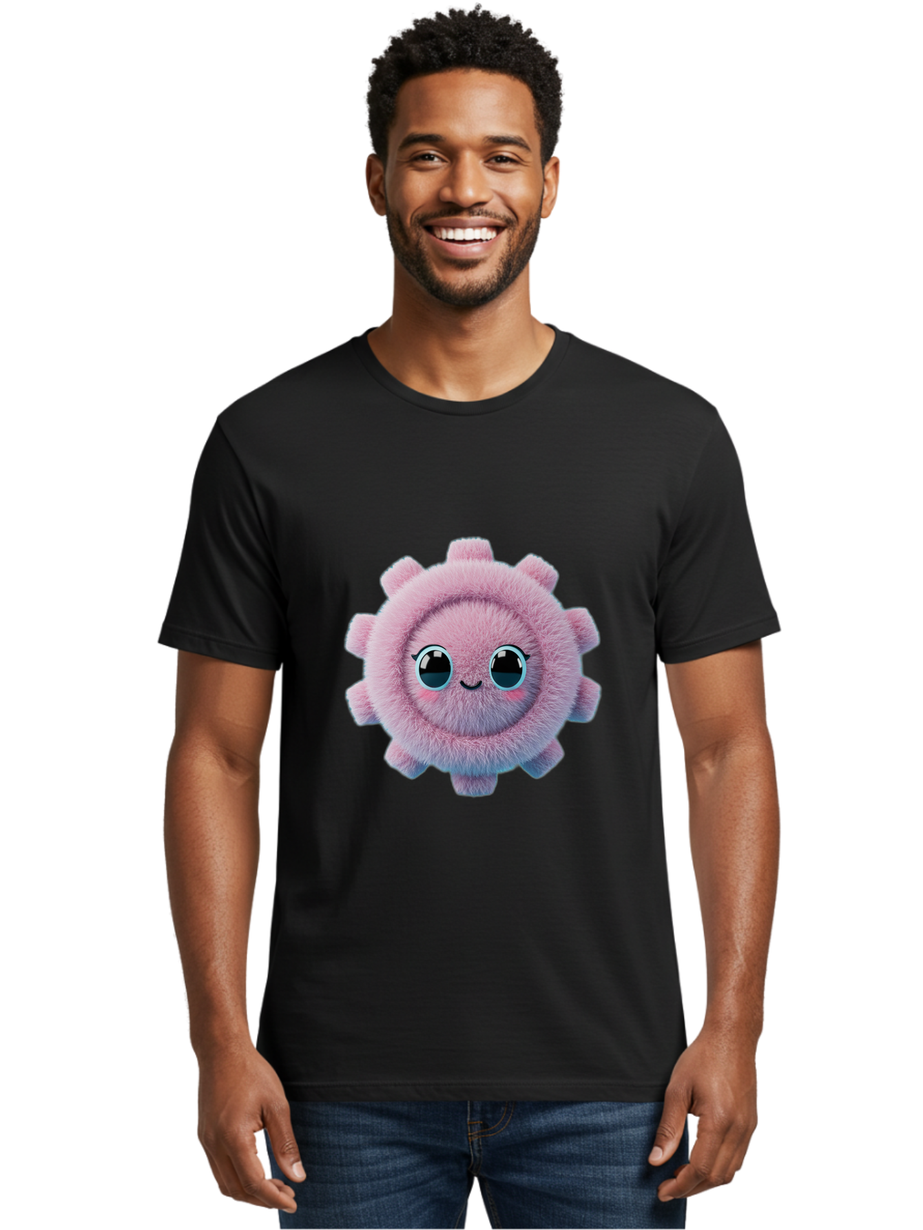 Pink-Fuzzy-Gear Men'S Graphic Tee, 100% Cotton, Comfortable Casual Summer Wear, Machine Washable, Cute Cartoon Character, Fluffy Virus, Pink And Purple Hues, Smiling Face, Big Eyes, Whimsical Design, Funny Illustration, Soft Texture, Bad429