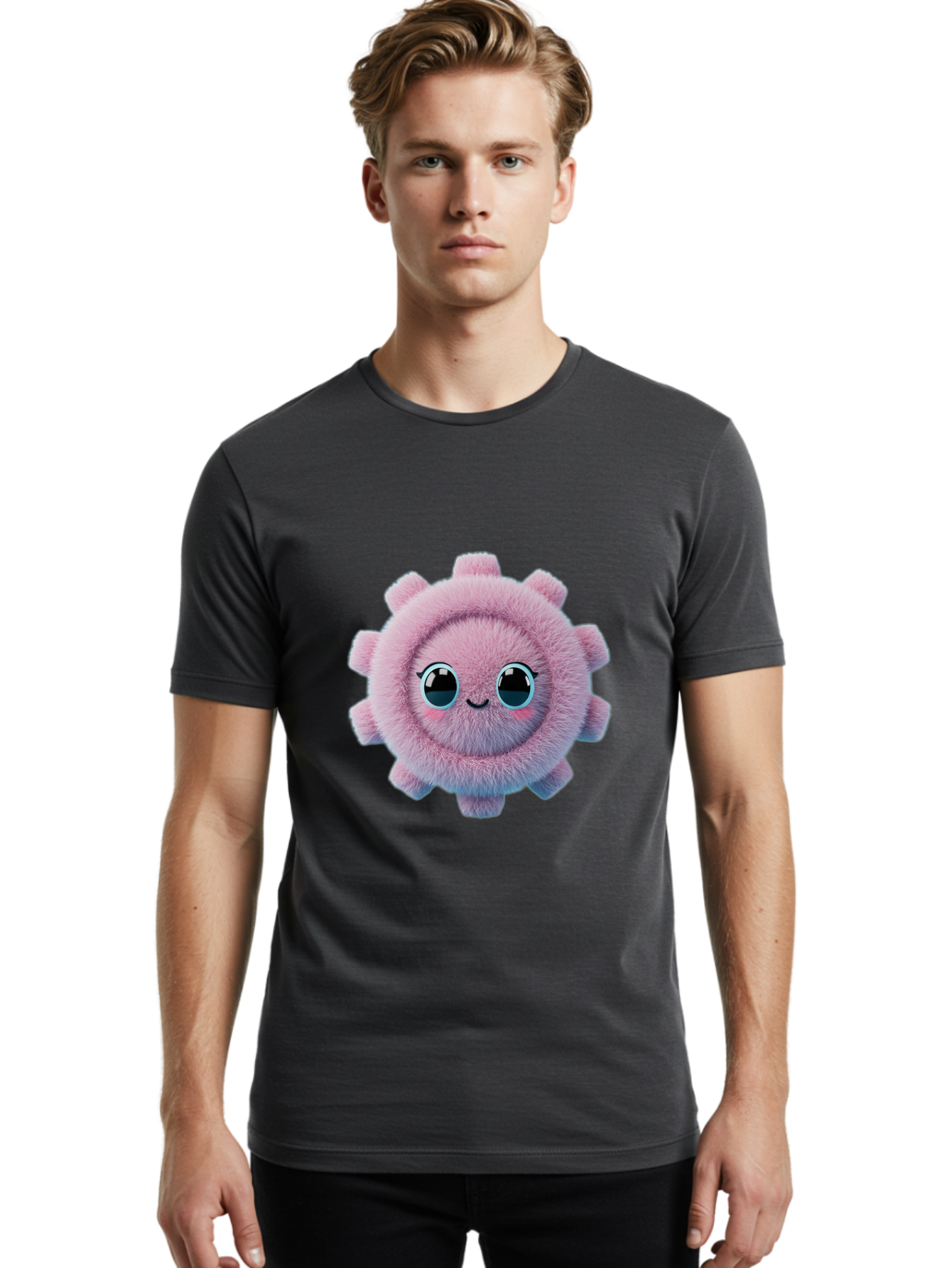 Pink-Fuzzy-Gear Men'S Graphic Tee, 100% Cotton, Comfortable Casual Summer Wear, Machine Washable, Cute Cartoon Character, Fluffy Virus, Pink And Purple Hues, Smiling Face, Big Eyes, Whimsical Design, Funny Illustration, Soft Texture, Bad429