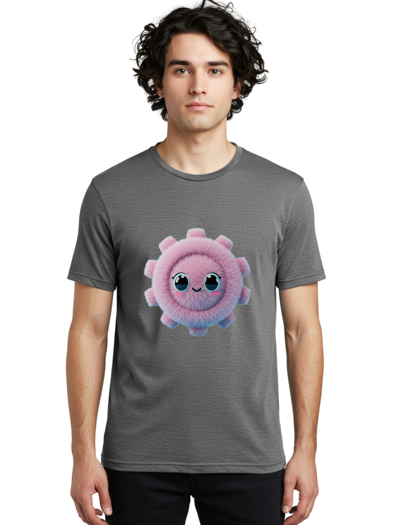 Pink-Fuzzy-Gear Men'S Graphic Tee, 100% Cotton, Comfortable Casual Summer Wear, Machine Washable, Cute Cartoon Character, Fluffy Virus, Pink And Purple Hues, Smiling Face, Big Eyes, Whimsical Design, Funny Illustration, Soft Texture, Bad429