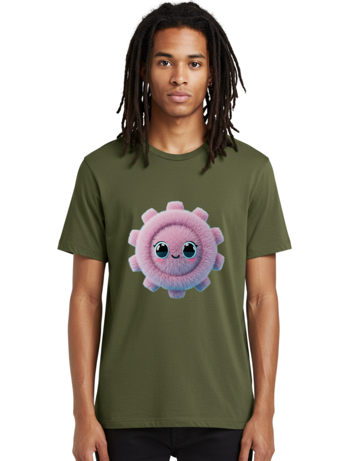 Pink-Fuzzy-Gear Men'S Graphic Tee, 100% Cotton, Comfortable Casual Summer Wear, Machine Washable, Cute Cartoon Character, Fluffy Virus, Pink And Purple Hues, Smiling Face, Big Eyes, Whimsical Design, Funny Illustration, Soft Texture, Bad429