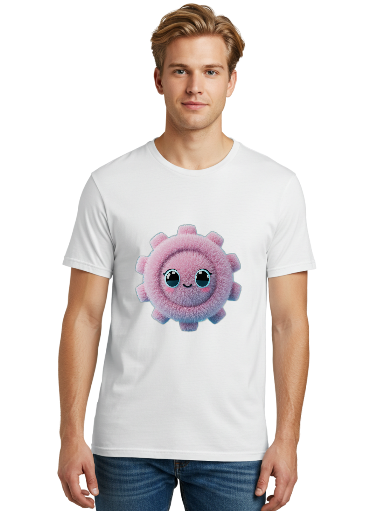 Pink-Fuzzy-Gear Men'S Graphic Tee, 100% Cotton, Comfortable Casual Summer Wear, Machine Washable, Cute Cartoon Character, Fluffy Virus, Pink And Purple Hues, Smiling Face, Big Eyes, Whimsical Design, Funny Illustration, Soft Texture, Bad429