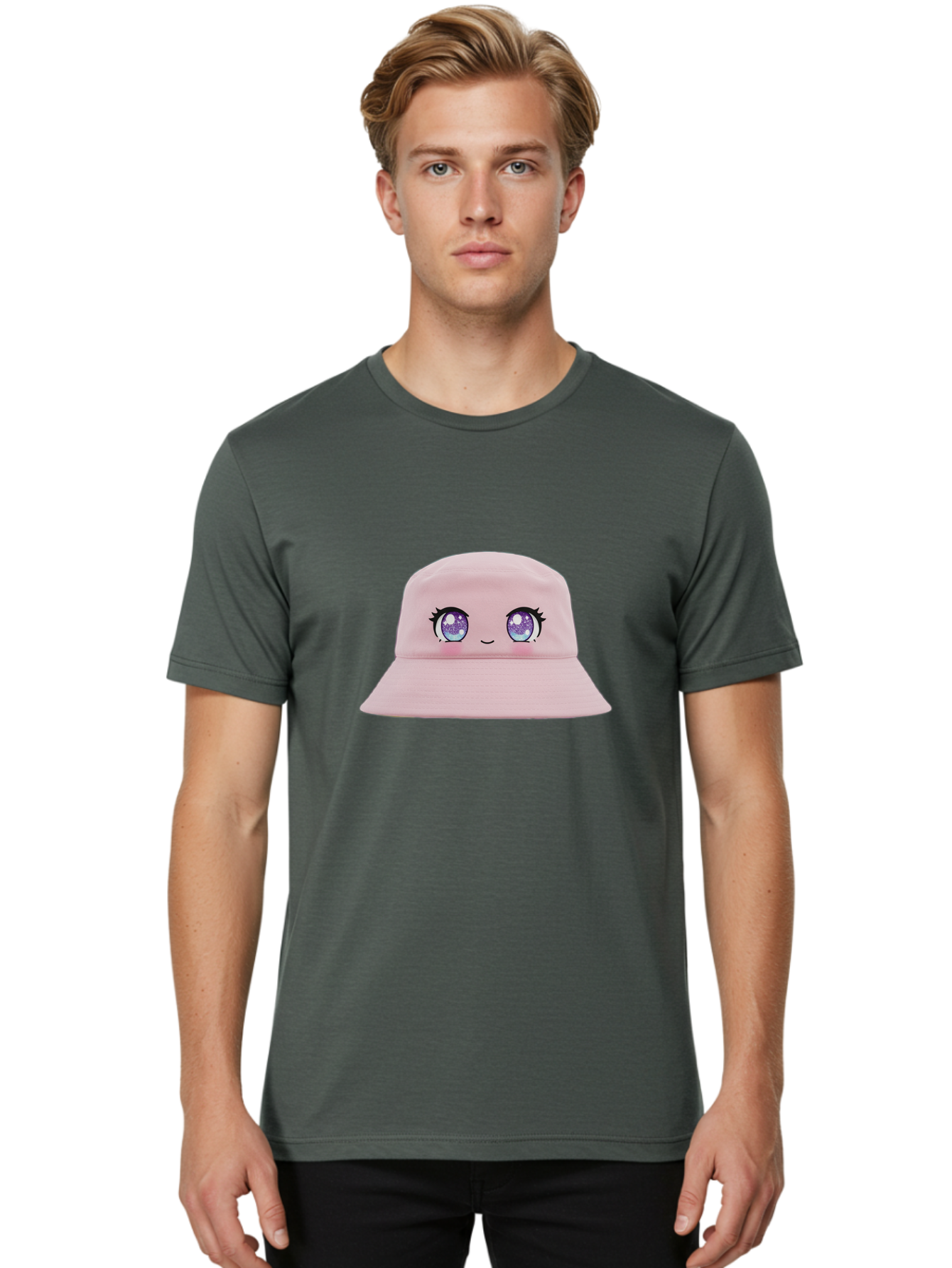 Pink-Hat Men'S Graphic Tee, 100% Cotton, Comfortable Casual Summer Wear, Machine Washable, Kawaii Fashion, Pink Baseball Cap, Cartoon Eyes, Cute Face, Kawaii Accessories, Pastel Fashion, Cute Hats, Fashion Trends, Kawaii Style Bad430