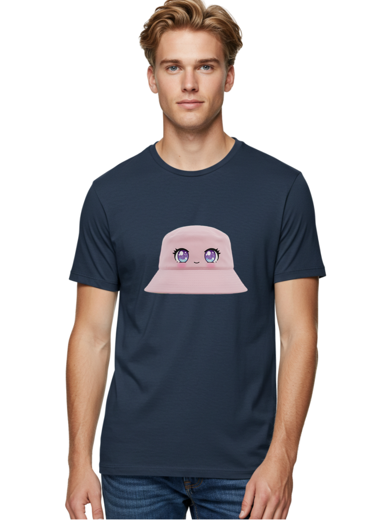 Pink-Hat Men'S Graphic Tee, 100% Cotton, Comfortable Casual Summer Wear, Machine Washable, Kawaii Fashion, Pink Baseball Cap, Cartoon Eyes, Cute Face, Kawaii Accessories, Pastel Fashion, Cute Hats, Fashion Trends, Kawaii Style Bad430