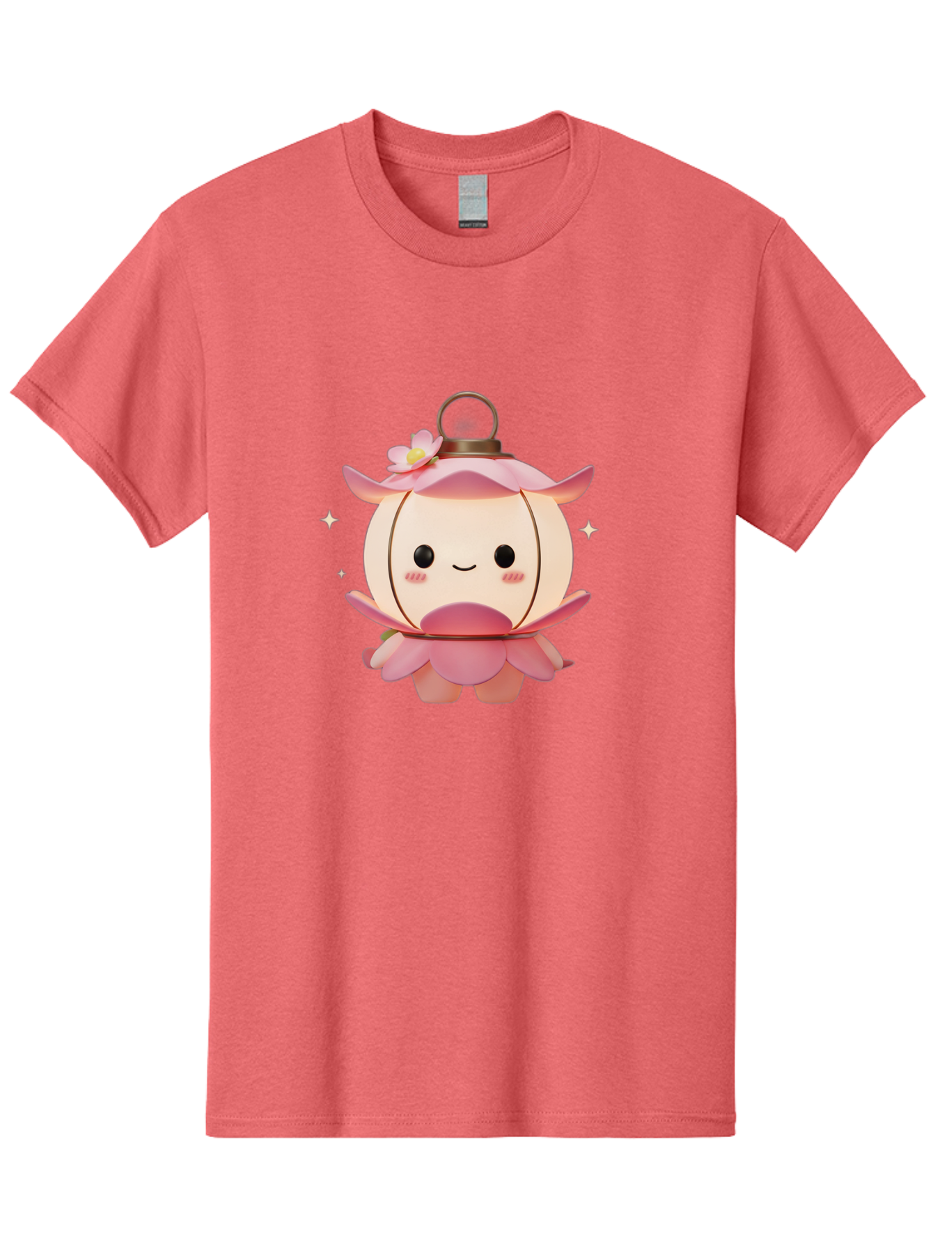 Pink-Lantern-Creature Men'S Graphic Tee, 100% Cotton, Comfortable Casual Summer Wear, Machine Washable, Cartoon Character, Pink Lantern, Fantasy Creature, Kawaii Art, Digital Illustration, Anime Style, Cute Face, Smiling, Rosy Cheeks, Bad431