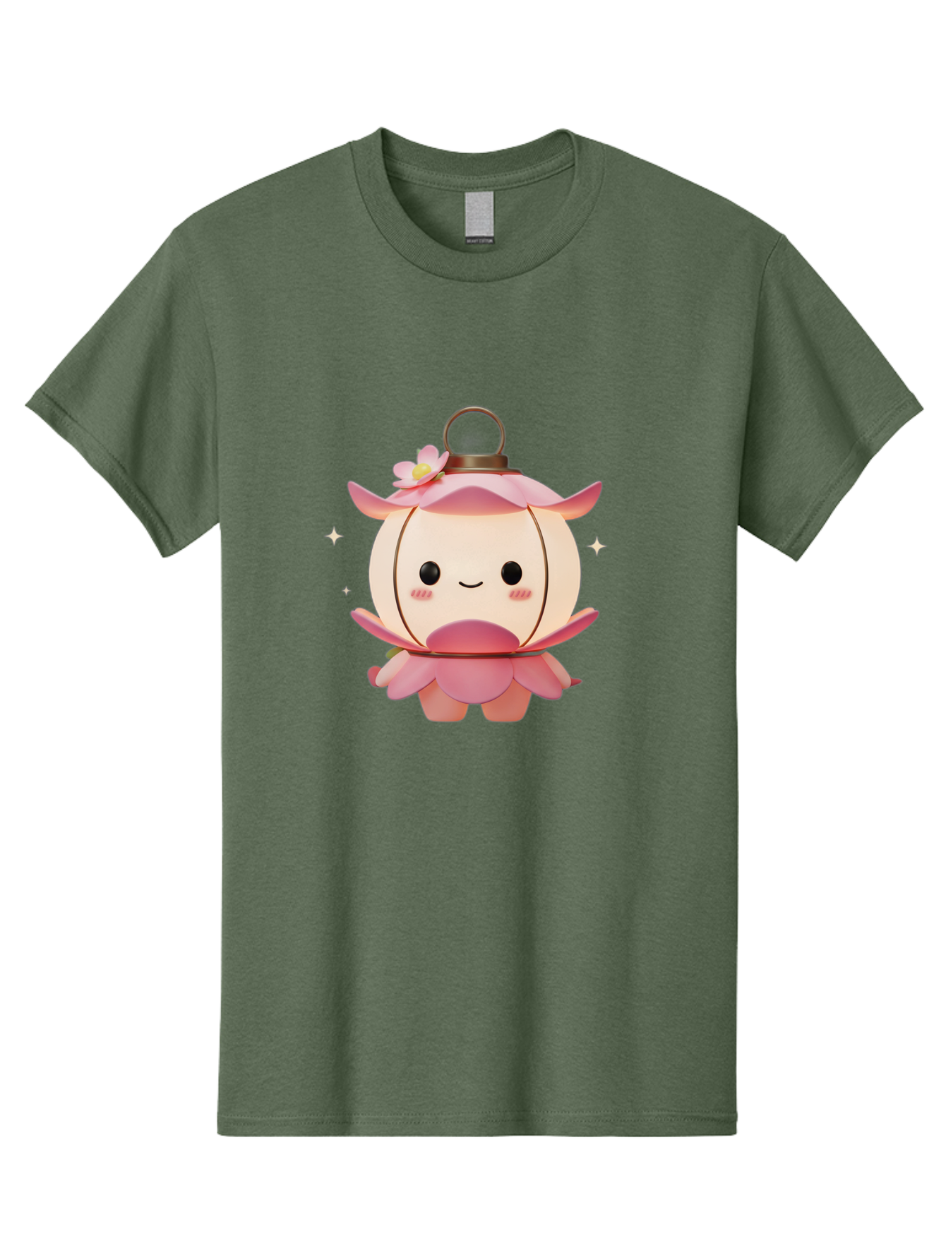 Pink-Lantern-Creature Men'S Graphic Tee, 100% Cotton, Comfortable Casual Summer Wear, Machine Washable, Cartoon Character, Pink Lantern, Fantasy Creature, Kawaii Art, Digital Illustration, Anime Style, Cute Face, Smiling, Rosy Cheeks, Bad431