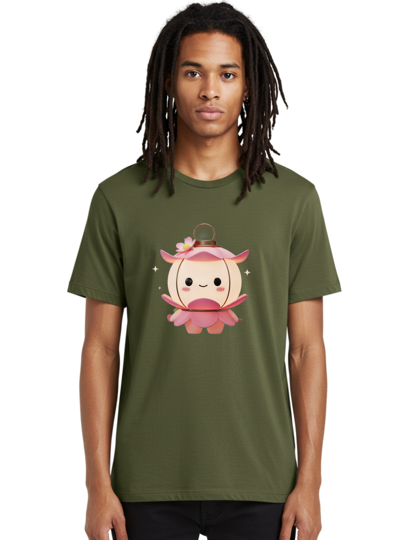 Pink-Lantern-Creature Men'S Graphic Tee, 100% Cotton, Comfortable Casual Summer Wear, Machine Washable, Cartoon Character, Pink Lantern, Fantasy Creature, Kawaii Art, Digital Illustration, Anime Style, Cute Face, Smiling, Rosy Cheeks, Bad431