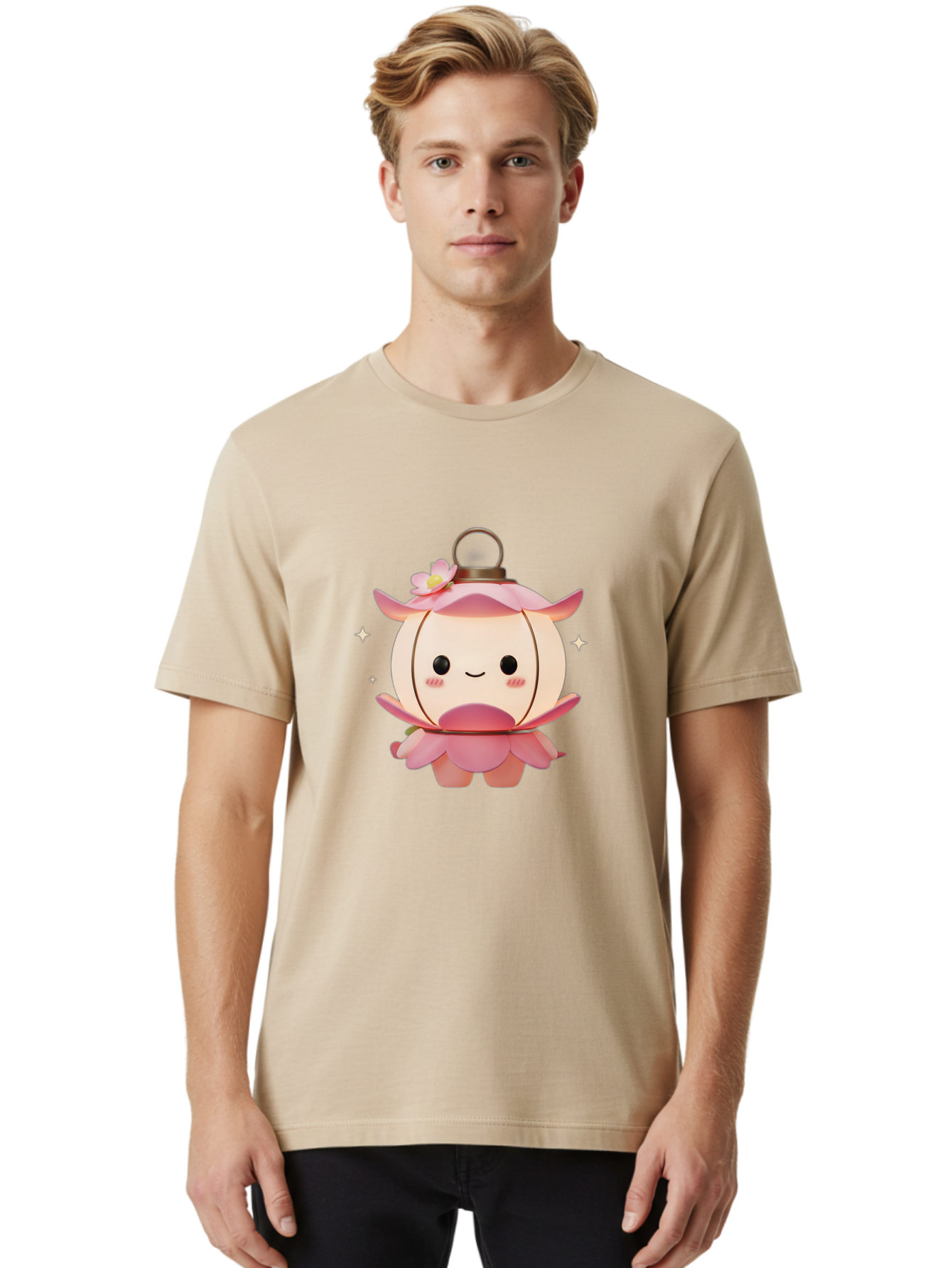 Pink-Lantern-Creature Men'S Graphic Tee, 100% Cotton, Comfortable Casual Summer Wear, Machine Washable, Cartoon Character, Pink Lantern, Fantasy Creature, Kawaii Art, Digital Illustration, Anime Style, Cute Face, Smiling, Rosy Cheeks, Bad431