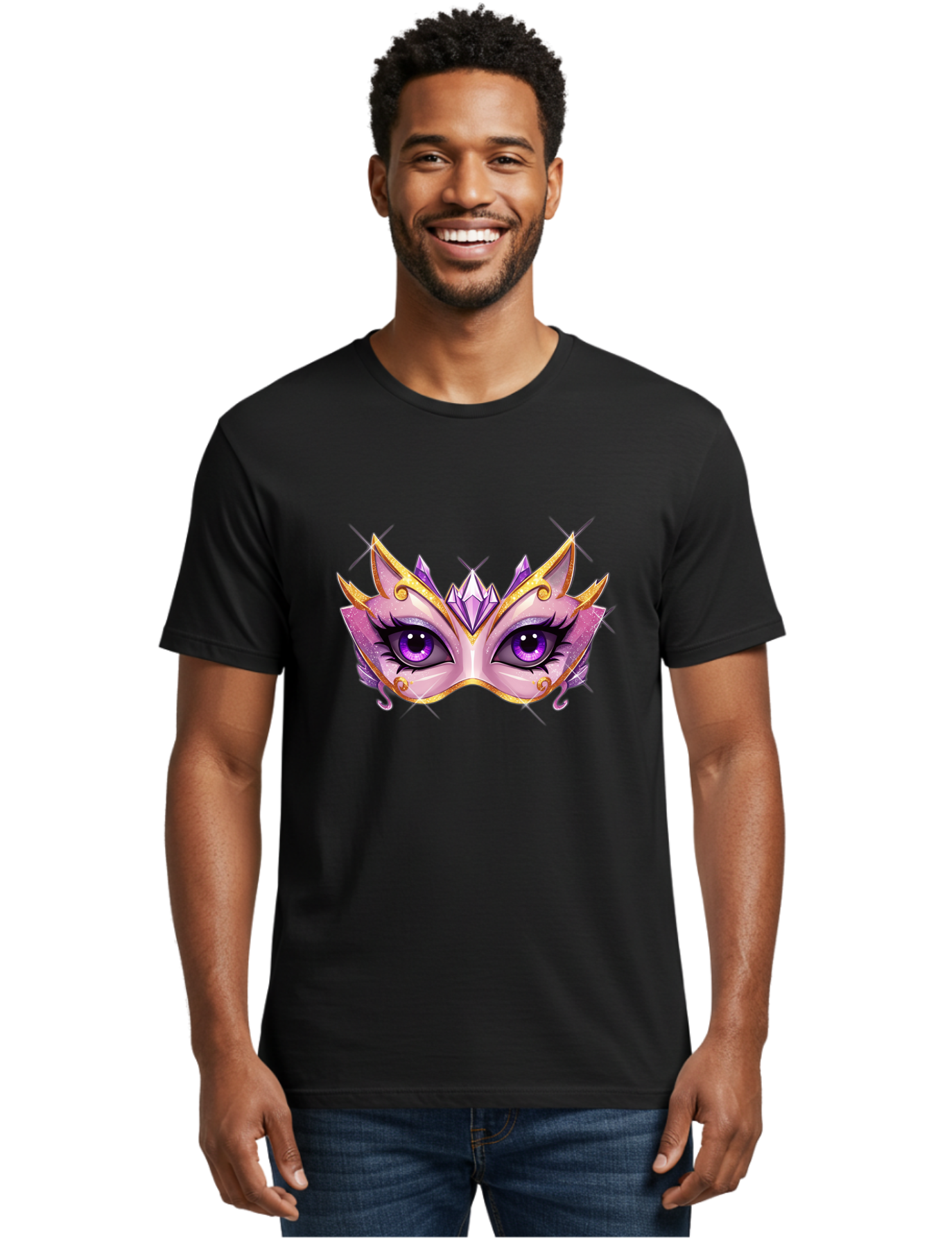 Pink-Mask Men'S Graphic Tee, 100% Cotton, Comfortable Casual Summer Wear, Machine Washable, Masquerade Mask, Purple Eyes, Gold Trim, Luxury Design, Mysterious Gaze, Decorative Mask, Elegant Face Mask, Carnival Accessory Bad433