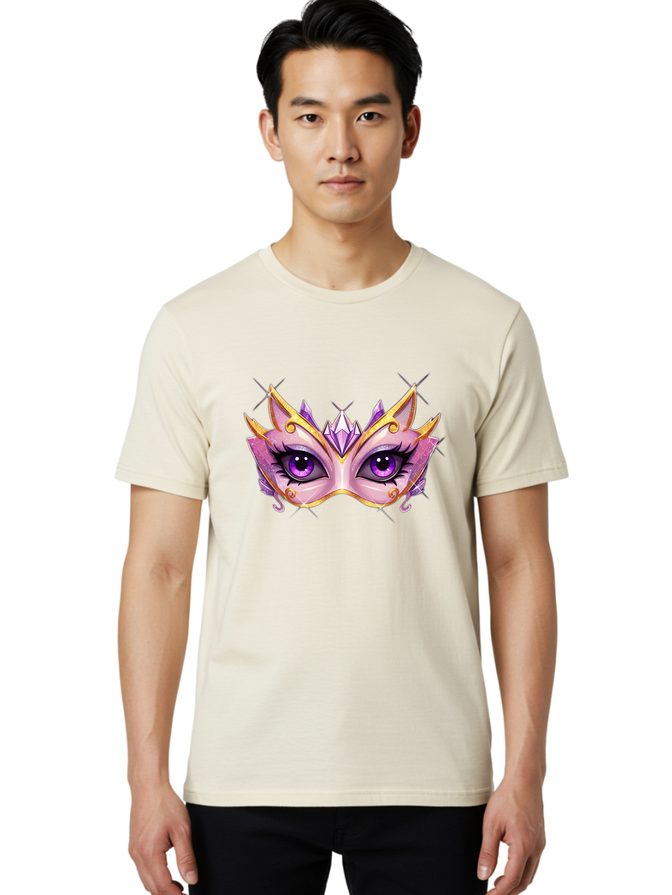 Pink-Mask Men'S Graphic Tee, 100% Cotton, Comfortable Casual Summer Wear, Machine Washable, Masquerade Mask, Purple Eyes, Gold Trim, Luxury Design, Mysterious Gaze, Decorative Mask, Elegant Face Mask, Carnival Accessory Bad433