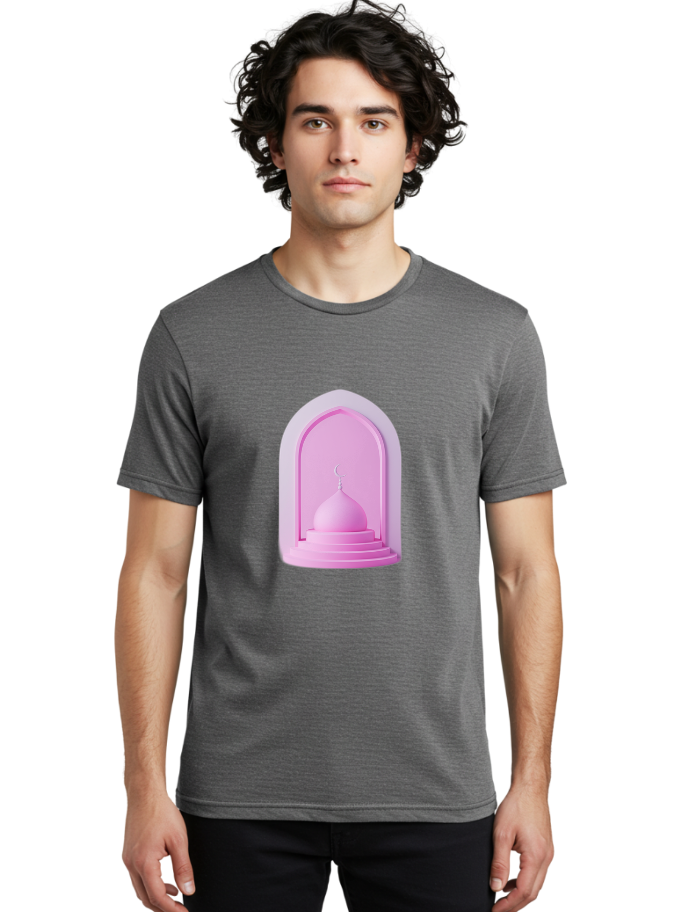 Pink-Mosque-Dome Men'S Graphic Tee, 100% Cotton, Comfortable Casual Summer Wear, Machine Washable, Islamic Architecture, Dome With Crescent Moon, Minimalistic Design, Modern Islamic Art, Religious Symbol, Serene Ambiance, Cultural Heritage Bad434
