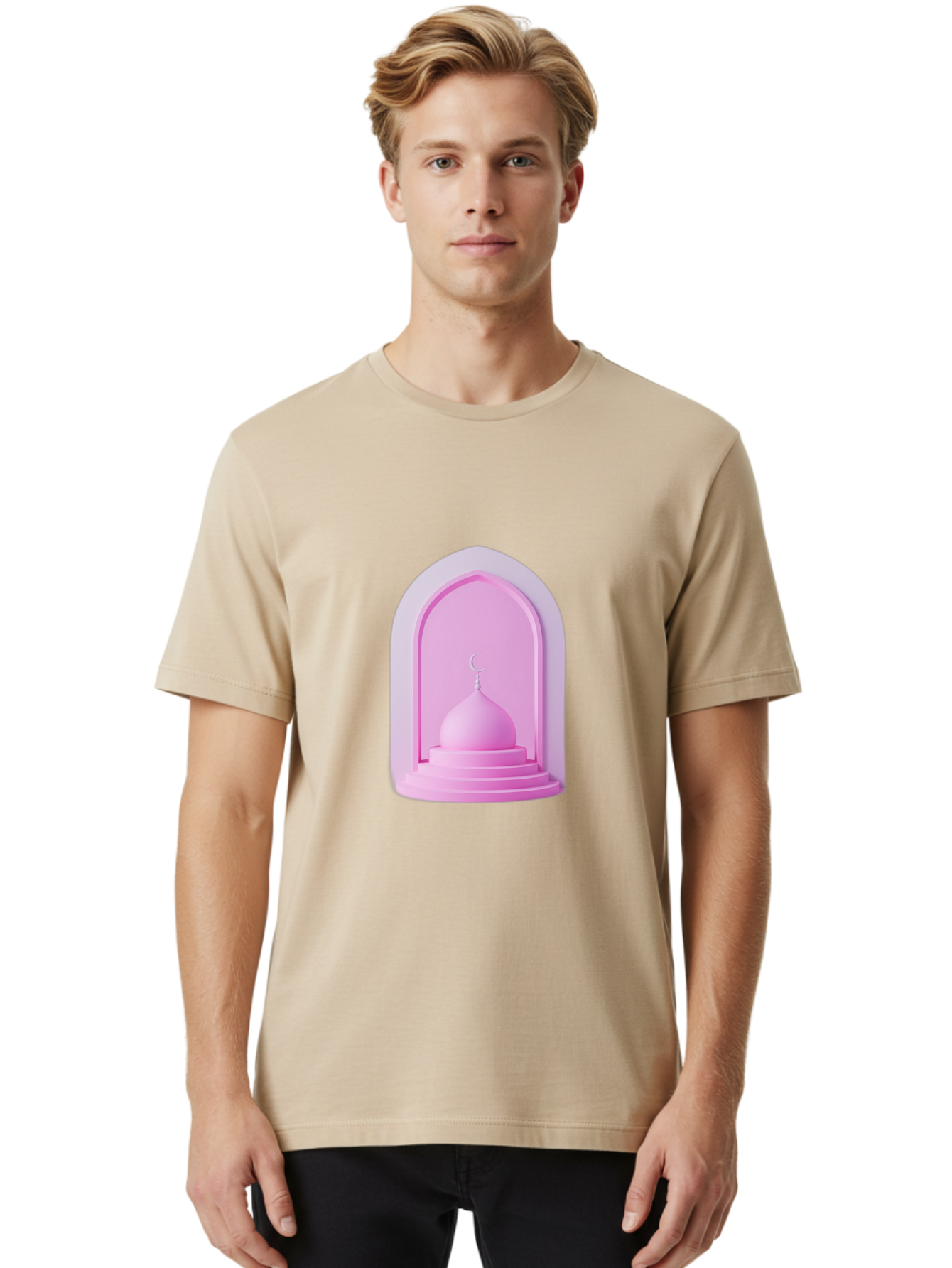 Pink-Mosque-Dome Men'S Graphic Tee, 100% Cotton, Comfortable Casual Summer Wear, Machine Washable, Islamic Architecture, Dome With Crescent Moon, Minimalistic Design, Modern Islamic Art, Religious Symbol, Serene Ambiance, Cultural Heritage Bad434