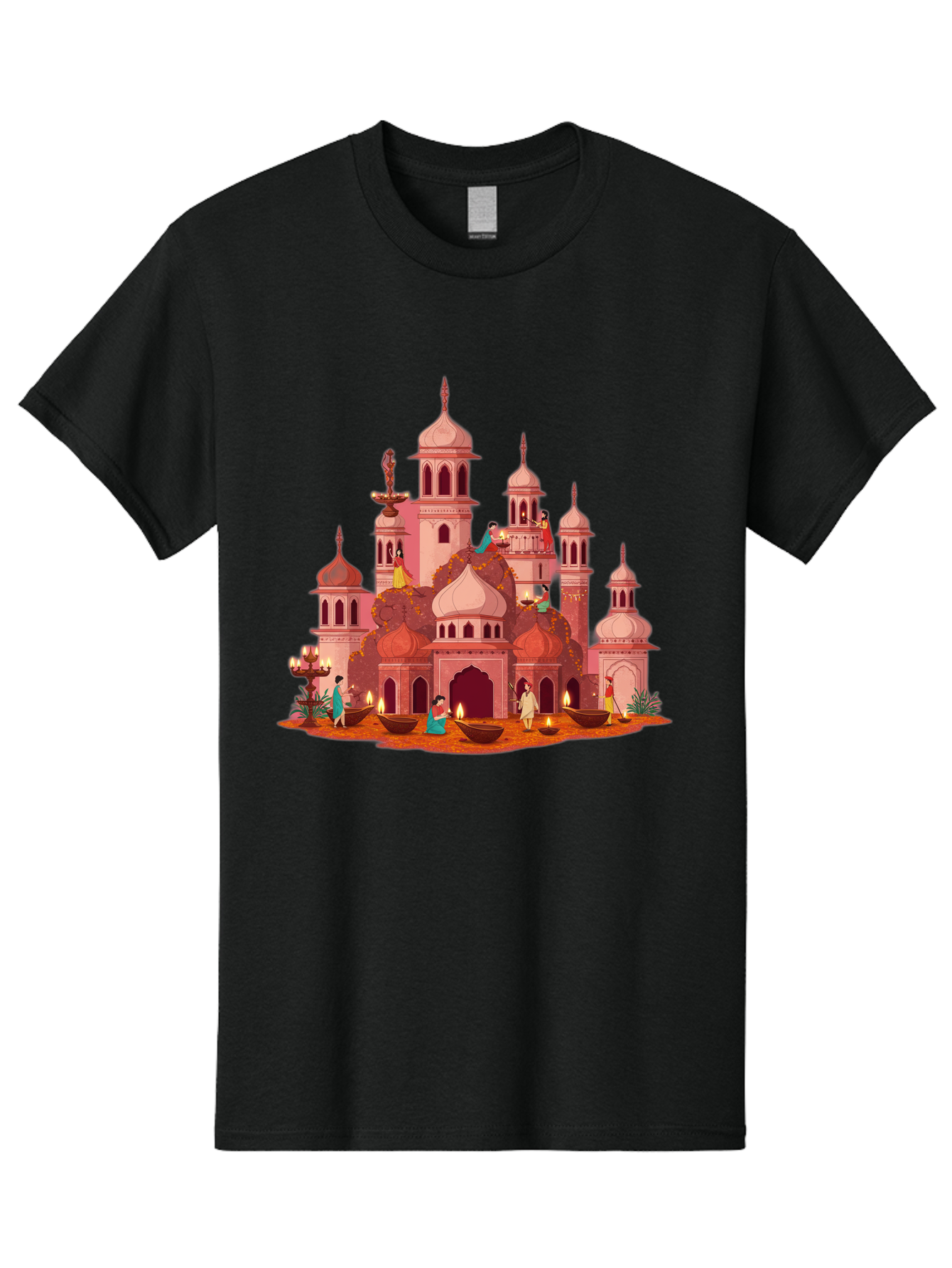 Pink-Palace Men'S Graphic Tee, 100% Cotton, Comfortable Casual Summer Wear, Machine Washable, Pink Castle, Royal Architecture, Ornate Towers, Domed Roofs, People In Traditional Attire, Serene Atmosphere, Lit Candles, Bronze Bowls, Bad435