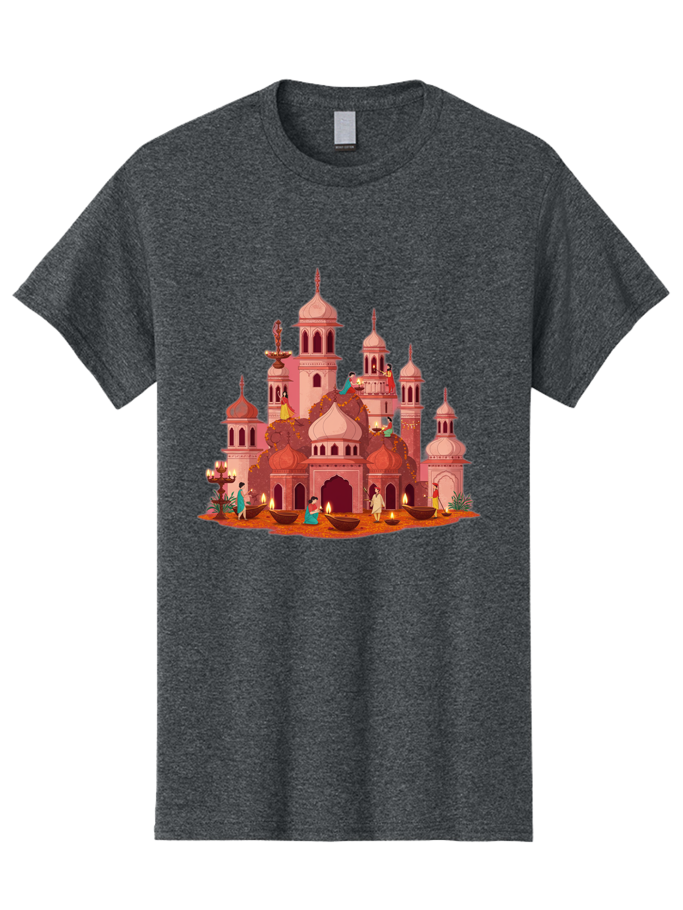 Pink-Palace Men'S Graphic Tee, 100% Cotton, Comfortable Casual Summer Wear, Machine Washable, Pink Castle, Royal Architecture, Ornate Towers, Domed Roofs, People In Traditional Attire, Serene Atmosphere, Lit Candles, Bronze Bowls, Bad435