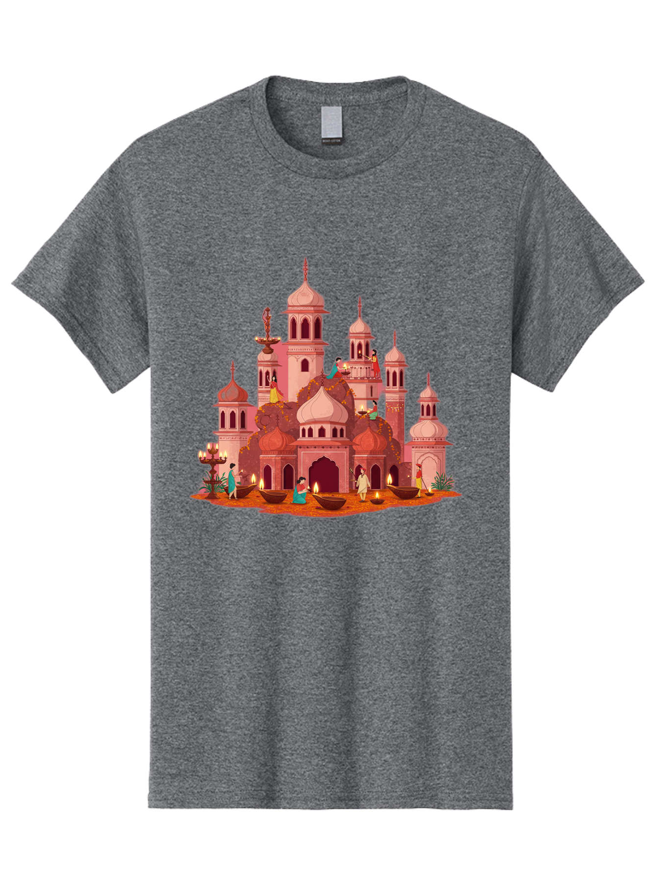 Pink-Palace Men'S Graphic Tee, 100% Cotton, Comfortable Casual Summer Wear, Machine Washable, Pink Castle, Royal Architecture, Ornate Towers, Domed Roofs, People In Traditional Attire, Serene Atmosphere, Lit Candles, Bronze Bowls, Bad435