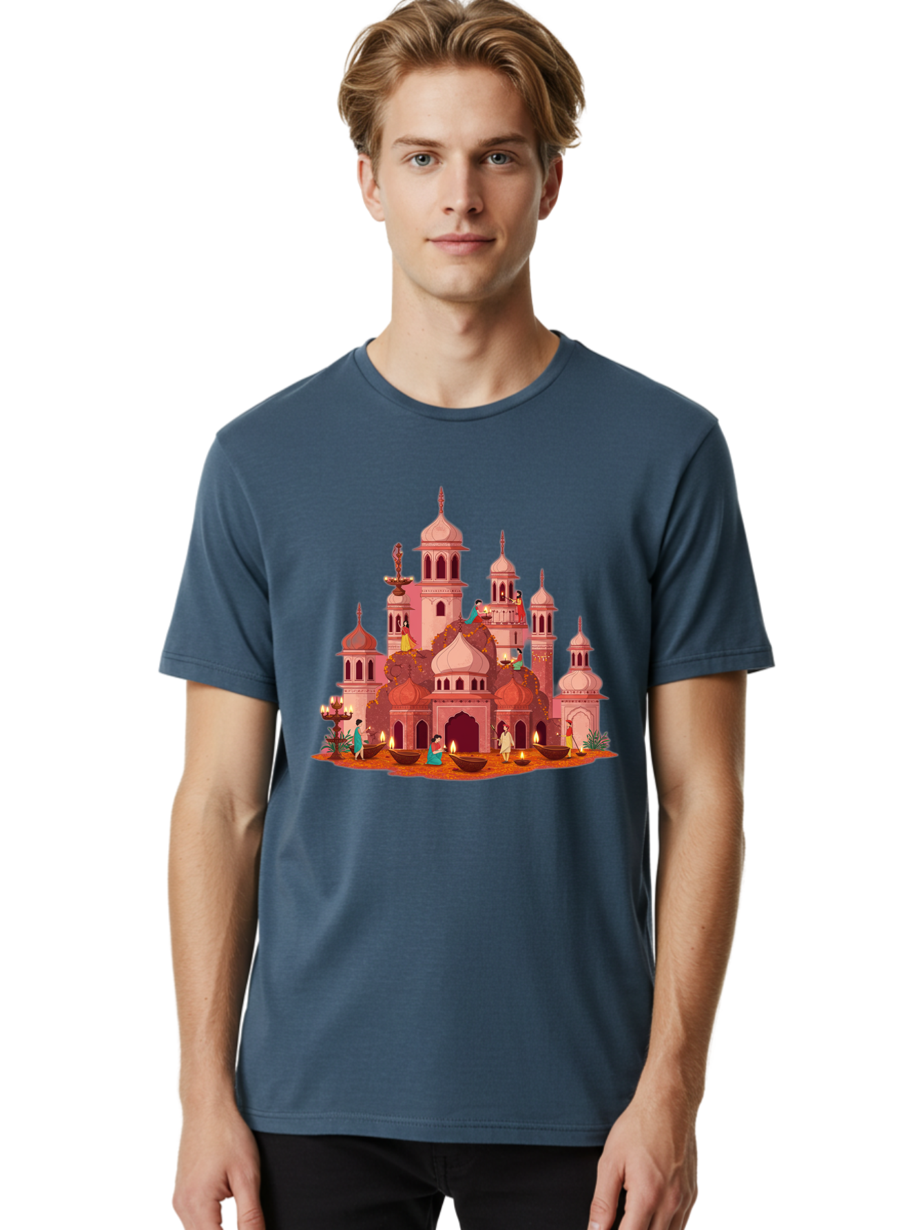 Pink-Palace Men'S Graphic Tee, 100% Cotton, Comfortable Casual Summer Wear, Machine Washable, Pink Castle, Royal Architecture, Ornate Towers, Domed Roofs, People In Traditional Attire, Serene Atmosphere, Lit Candles, Bronze Bowls, Bad435