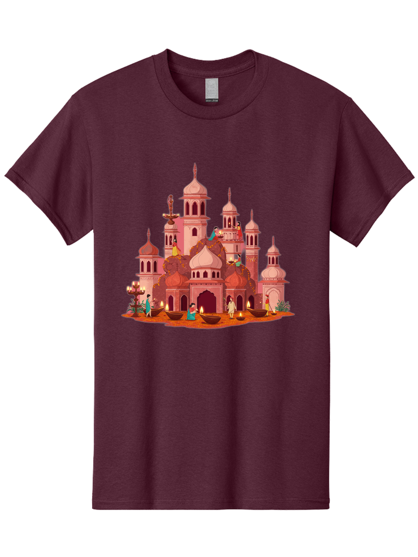 Pink-Palace Men'S Graphic Tee, 100% Cotton, Comfortable Casual Summer Wear, Machine Washable, Pink Castle, Royal Architecture, Ornate Towers, Domed Roofs, People In Traditional Attire, Serene Atmosphere, Lit Candles, Bronze Bowls, Bad435