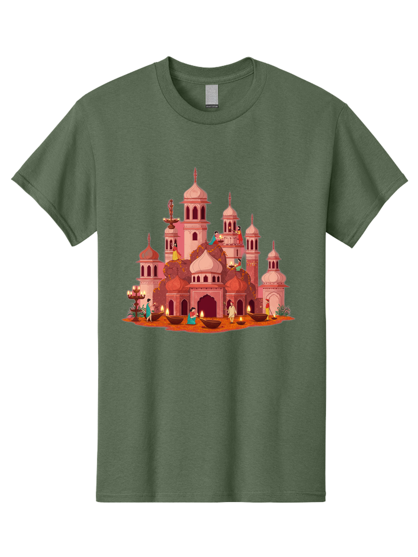 Pink-Palace Men'S Graphic Tee, 100% Cotton, Comfortable Casual Summer Wear, Machine Washable, Pink Castle, Royal Architecture, Ornate Towers, Domed Roofs, People In Traditional Attire, Serene Atmosphere, Lit Candles, Bronze Bowls, Bad435