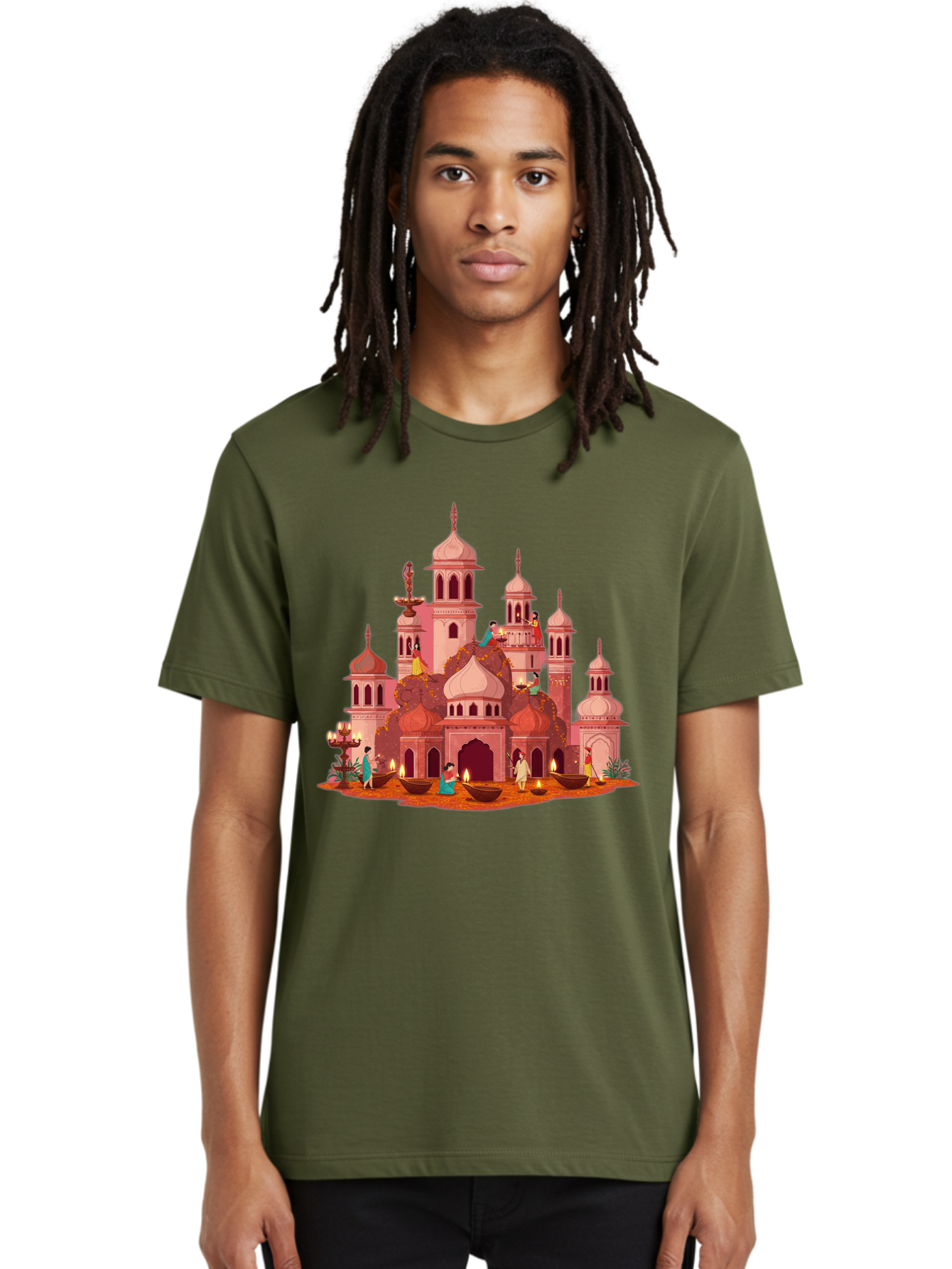 Pink-Palace Men'S Graphic Tee, 100% Cotton, Comfortable Casual Summer Wear, Machine Washable, Pink Castle, Royal Architecture, Ornate Towers, Domed Roofs, People In Traditional Attire, Serene Atmosphere, Lit Candles, Bronze Bowls, Bad435