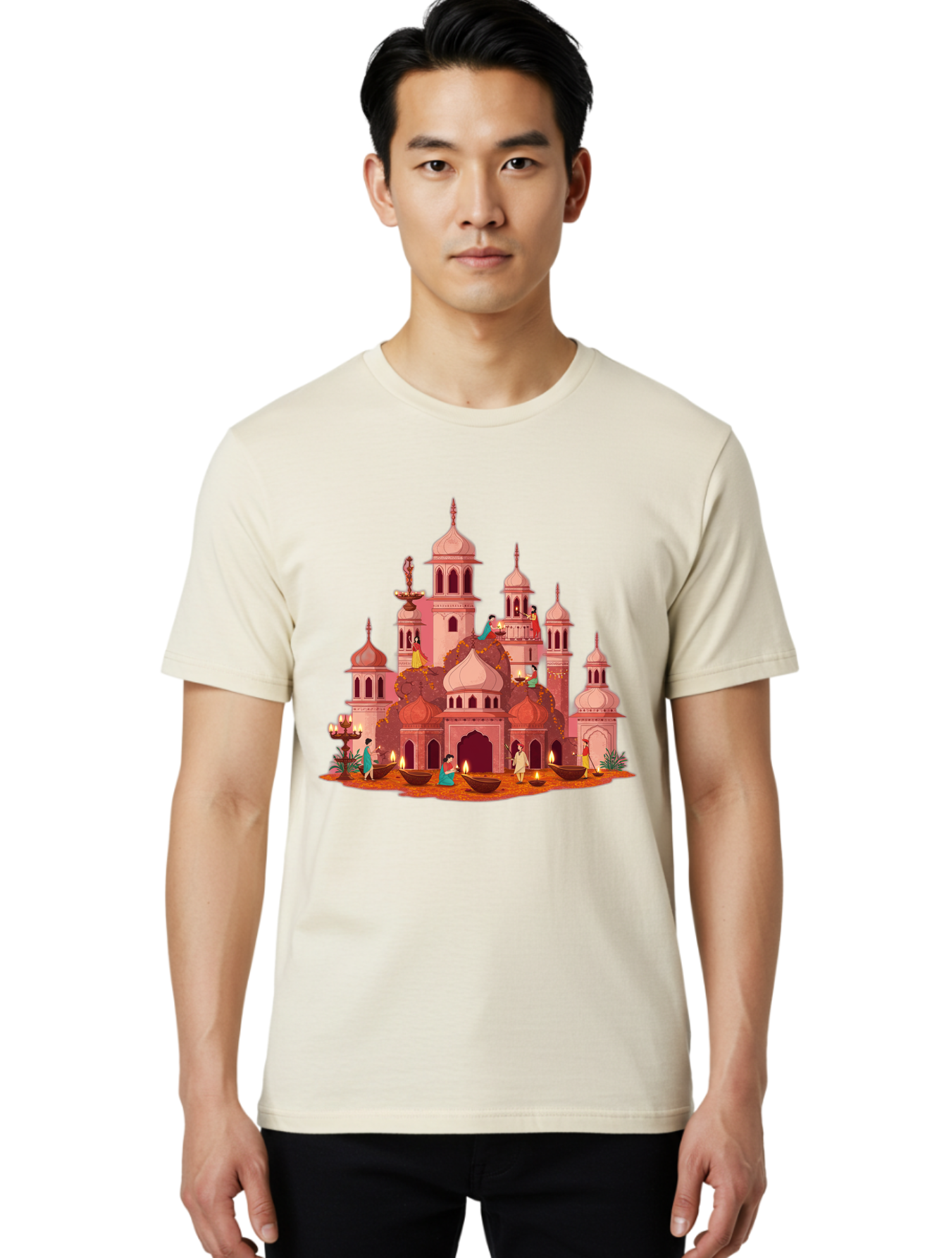 Pink-Palace Men'S Graphic Tee, 100% Cotton, Comfortable Casual Summer Wear, Machine Washable, Pink Castle, Royal Architecture, Ornate Towers, Domed Roofs, People In Traditional Attire, Serene Atmosphere, Lit Candles, Bronze Bowls, Bad435