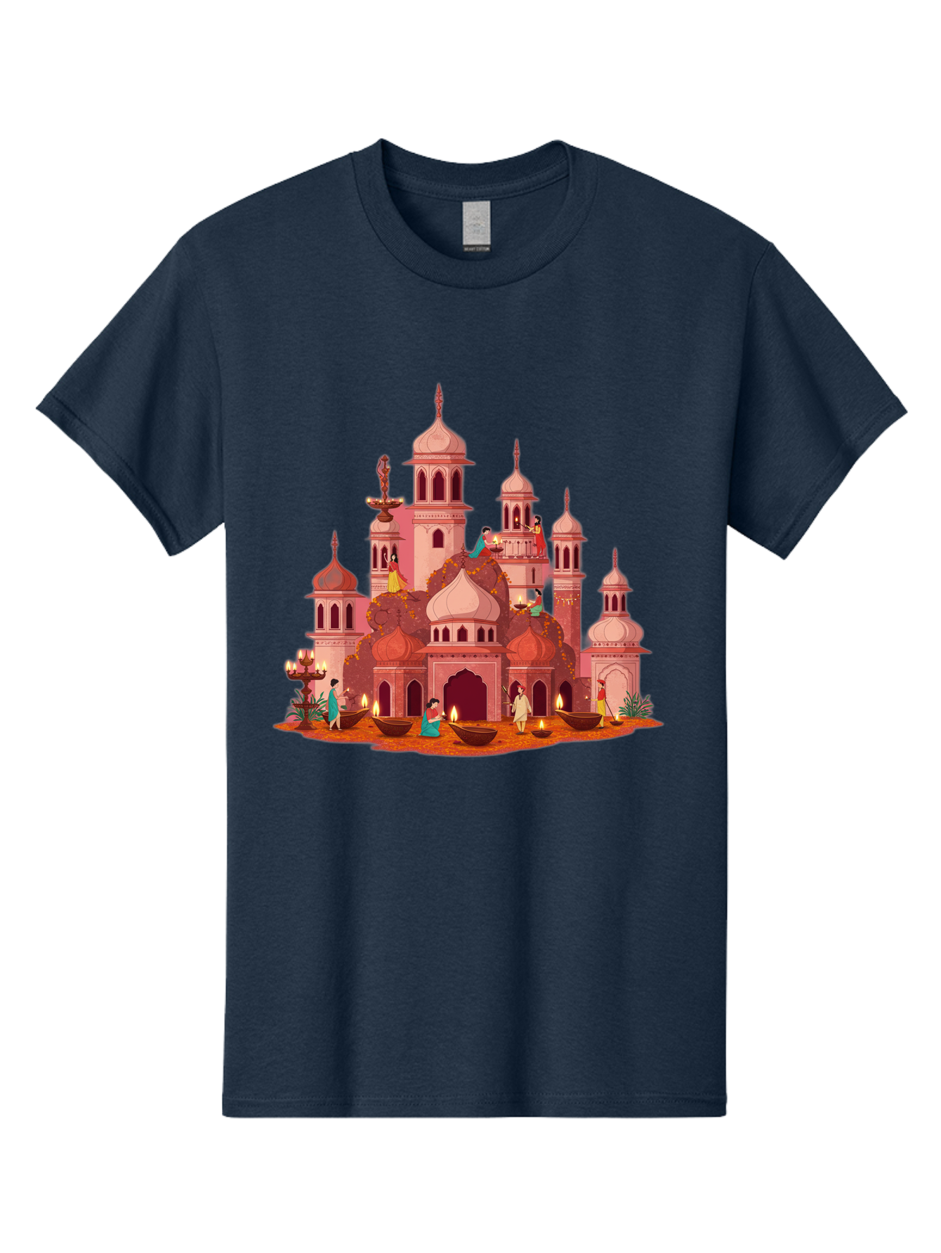 Pink-Palace Men'S Graphic Tee, 100% Cotton, Comfortable Casual Summer Wear, Machine Washable, Pink Castle, Royal Architecture, Ornate Towers, Domed Roofs, People In Traditional Attire, Serene Atmosphere, Lit Candles, Bronze Bowls, Bad435
