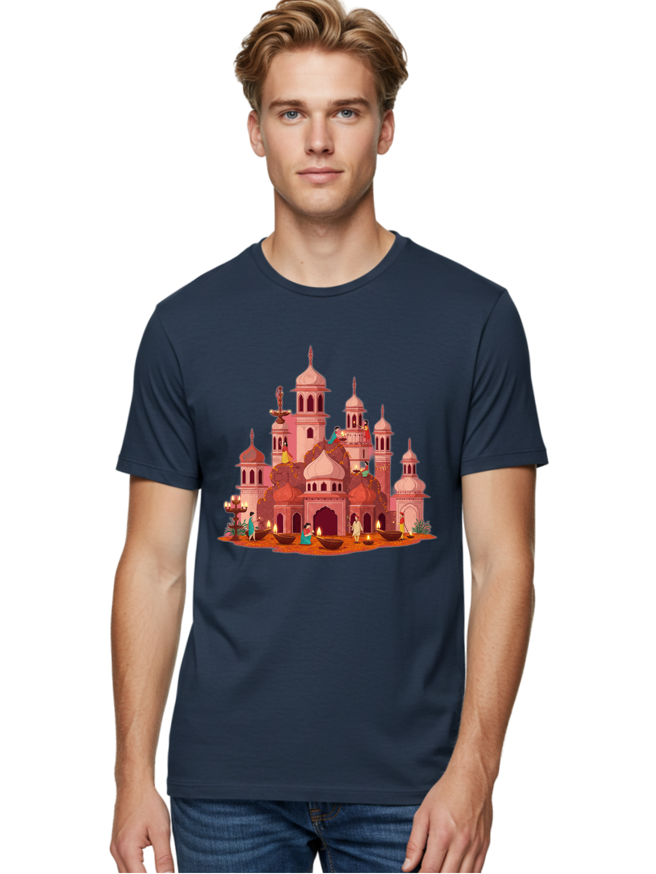 Pink-Palace Men'S Graphic Tee, 100% Cotton, Comfortable Casual Summer Wear, Machine Washable, Pink Castle, Royal Architecture, Ornate Towers, Domed Roofs, People In Traditional Attire, Serene Atmosphere, Lit Candles, Bronze Bowls, Bad435