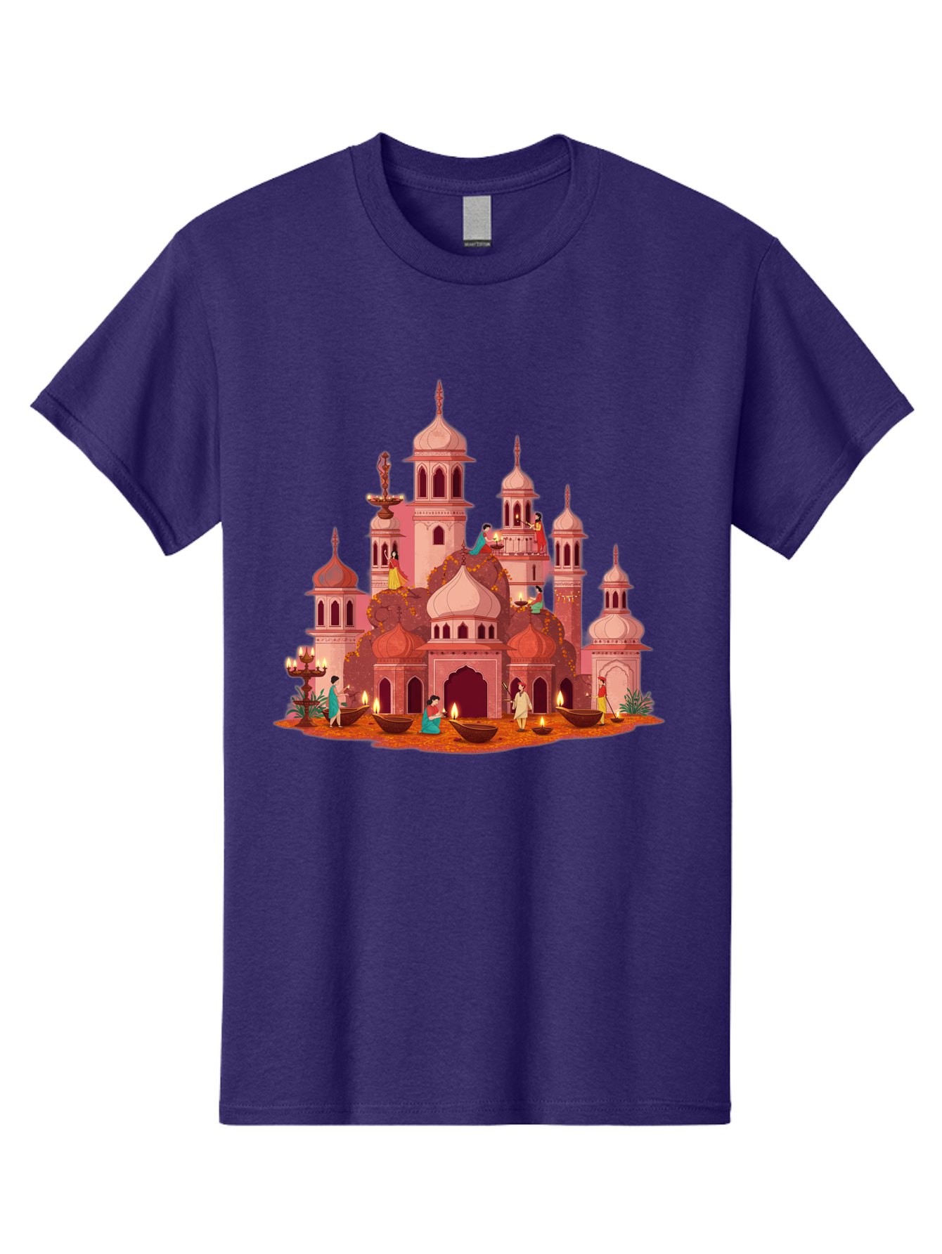 Pink-Palace Men'S Graphic Tee, 100% Cotton, Comfortable Casual Summer Wear, Machine Washable, Pink Castle, Royal Architecture, Ornate Towers, Domed Roofs, People In Traditional Attire, Serene Atmosphere, Lit Candles, Bronze Bowls, Bad435