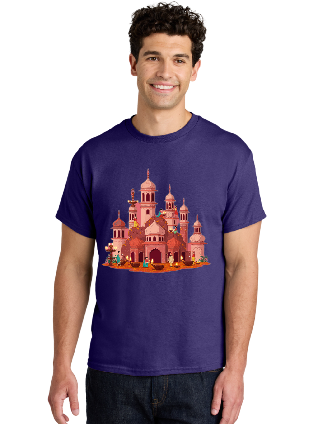 Pink-Palace Men'S Graphic Tee, 100% Cotton, Comfortable Casual Summer Wear, Machine Washable, Pink Castle, Royal Architecture, Ornate Towers, Domed Roofs, People In Traditional Attire, Serene Atmosphere, Lit Candles, Bronze Bowls, Bad435