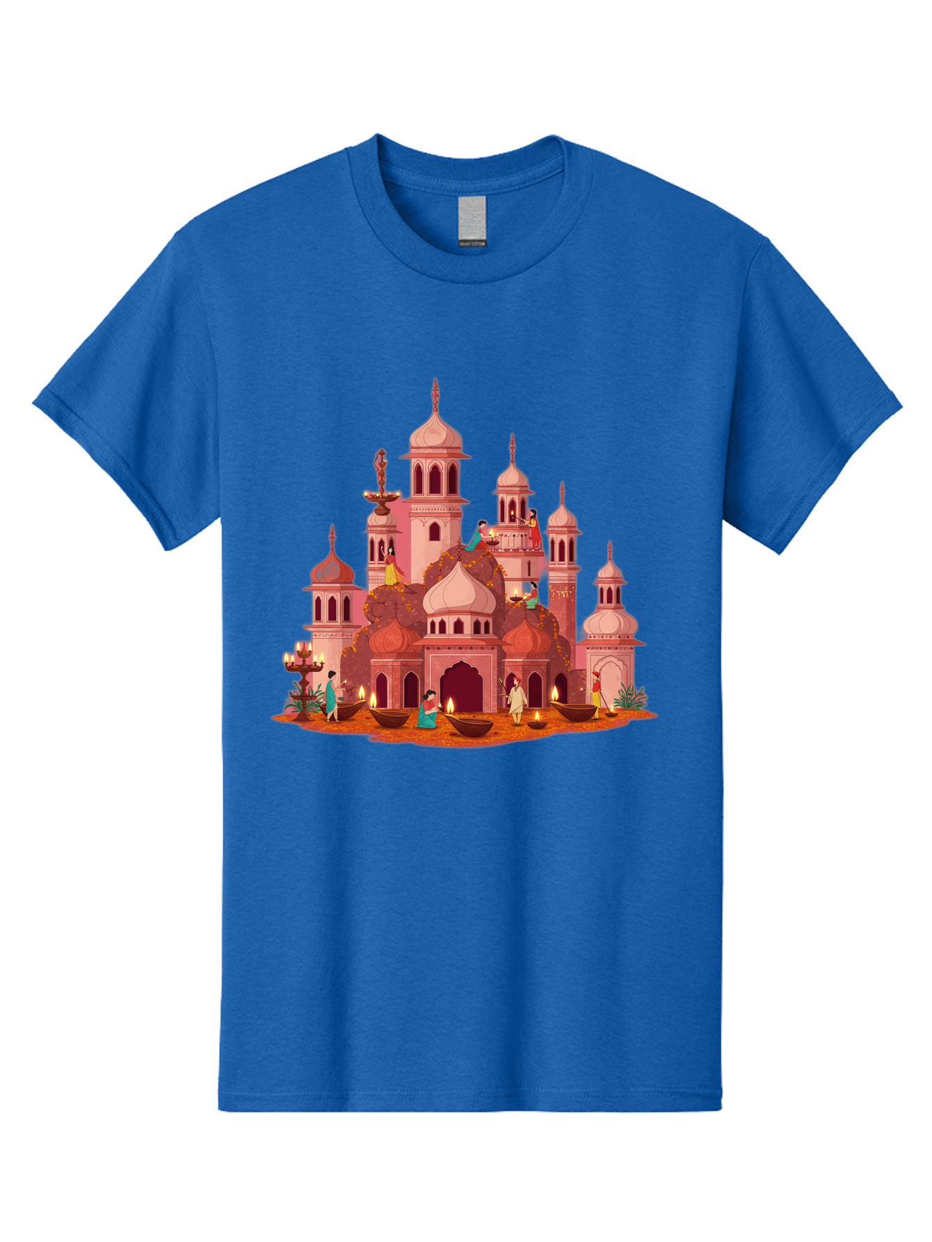 Pink-Palace Men'S Graphic Tee, 100% Cotton, Comfortable Casual Summer Wear, Machine Washable, Pink Castle, Royal Architecture, Ornate Towers, Domed Roofs, People In Traditional Attire, Serene Atmosphere, Lit Candles, Bronze Bowls, Bad435