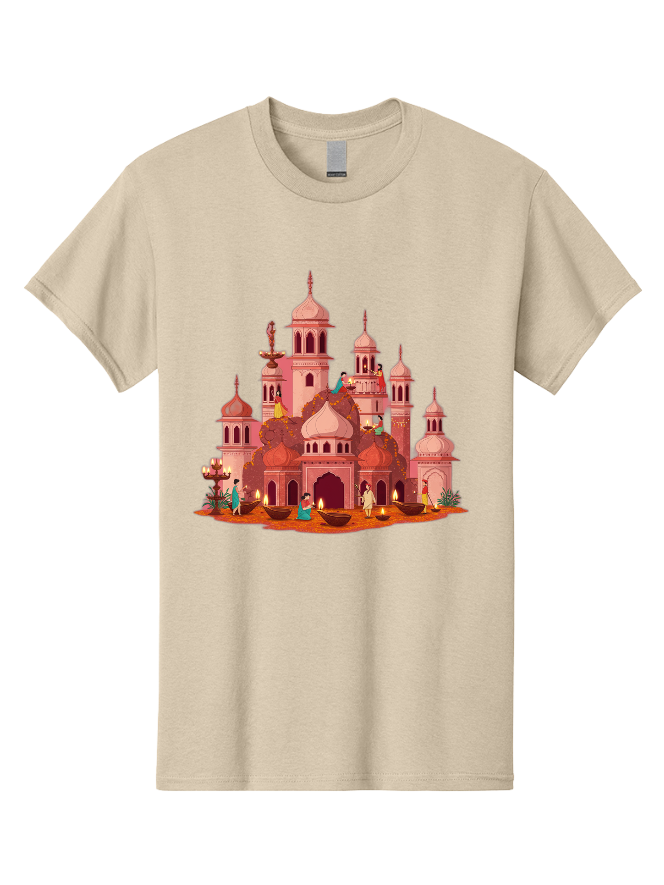 Pink-Palace Men'S Graphic Tee, 100% Cotton, Comfortable Casual Summer Wear, Machine Washable, Pink Castle, Royal Architecture, Ornate Towers, Domed Roofs, People In Traditional Attire, Serene Atmosphere, Lit Candles, Bronze Bowls, Bad435