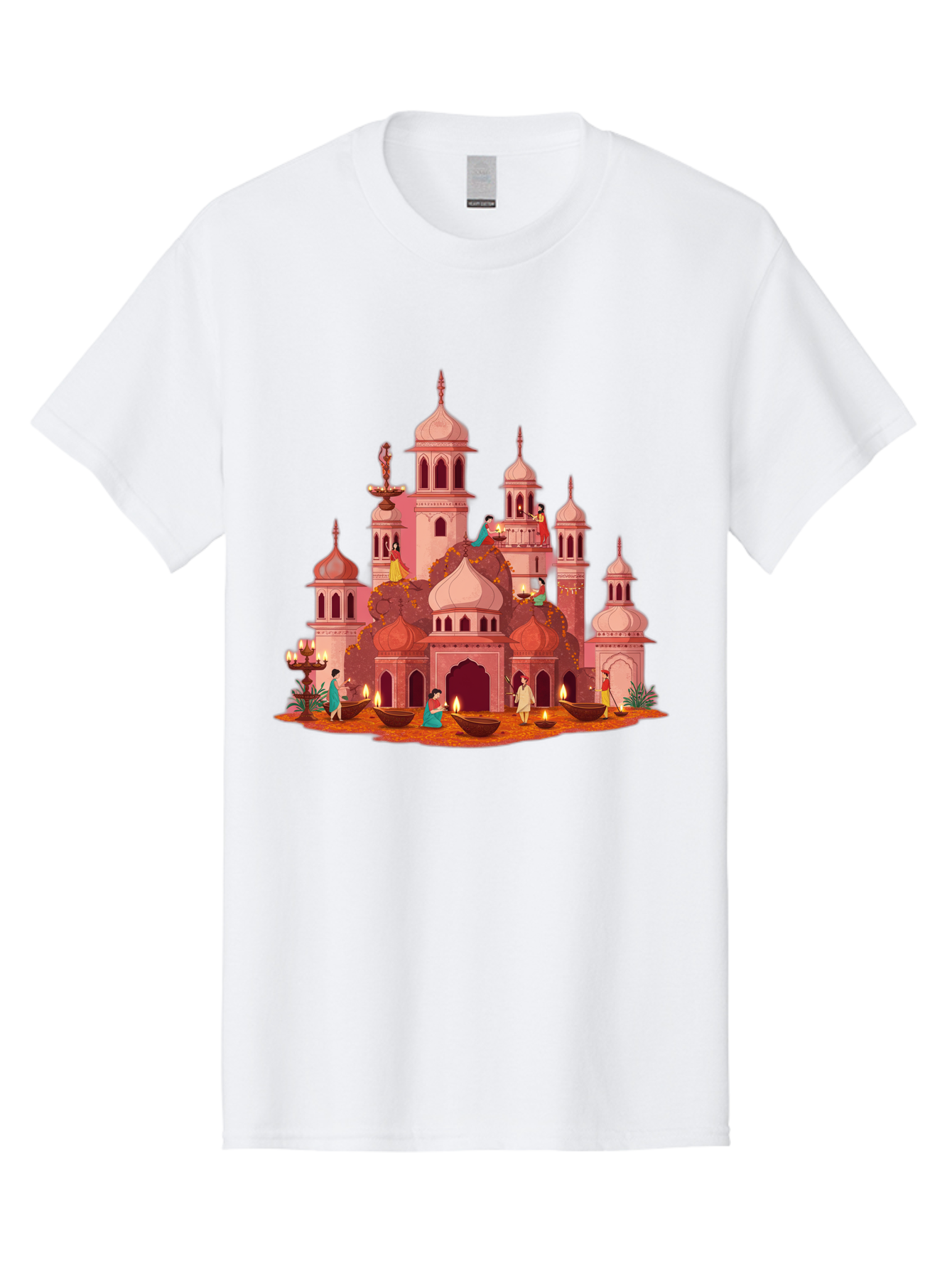 Pink-Palace Men'S Graphic Tee, 100% Cotton, Comfortable Casual Summer Wear, Machine Washable, Pink Castle, Royal Architecture, Ornate Towers, Domed Roofs, People In Traditional Attire, Serene Atmosphere, Lit Candles, Bronze Bowls, Bad435